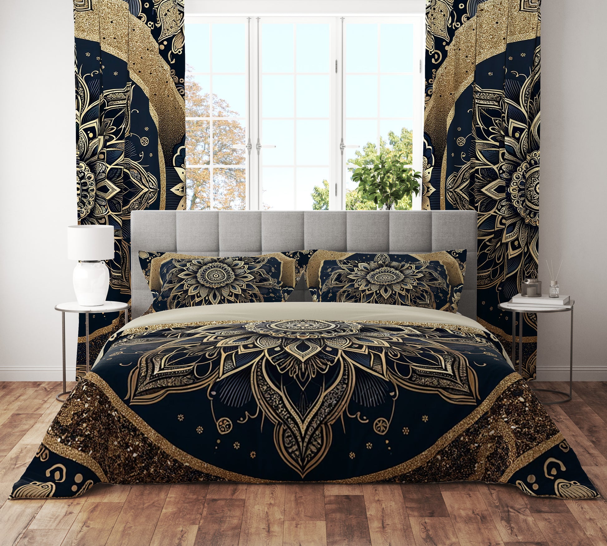 Black Gold Lotus Mandala Reversible Quilt Cover Duvet Cover Set - Adore India
