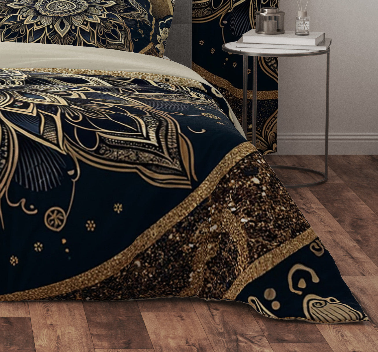 Black Gold Lotus Mandala Reversible Quilt Cover Duvet Cover Set - Adore India