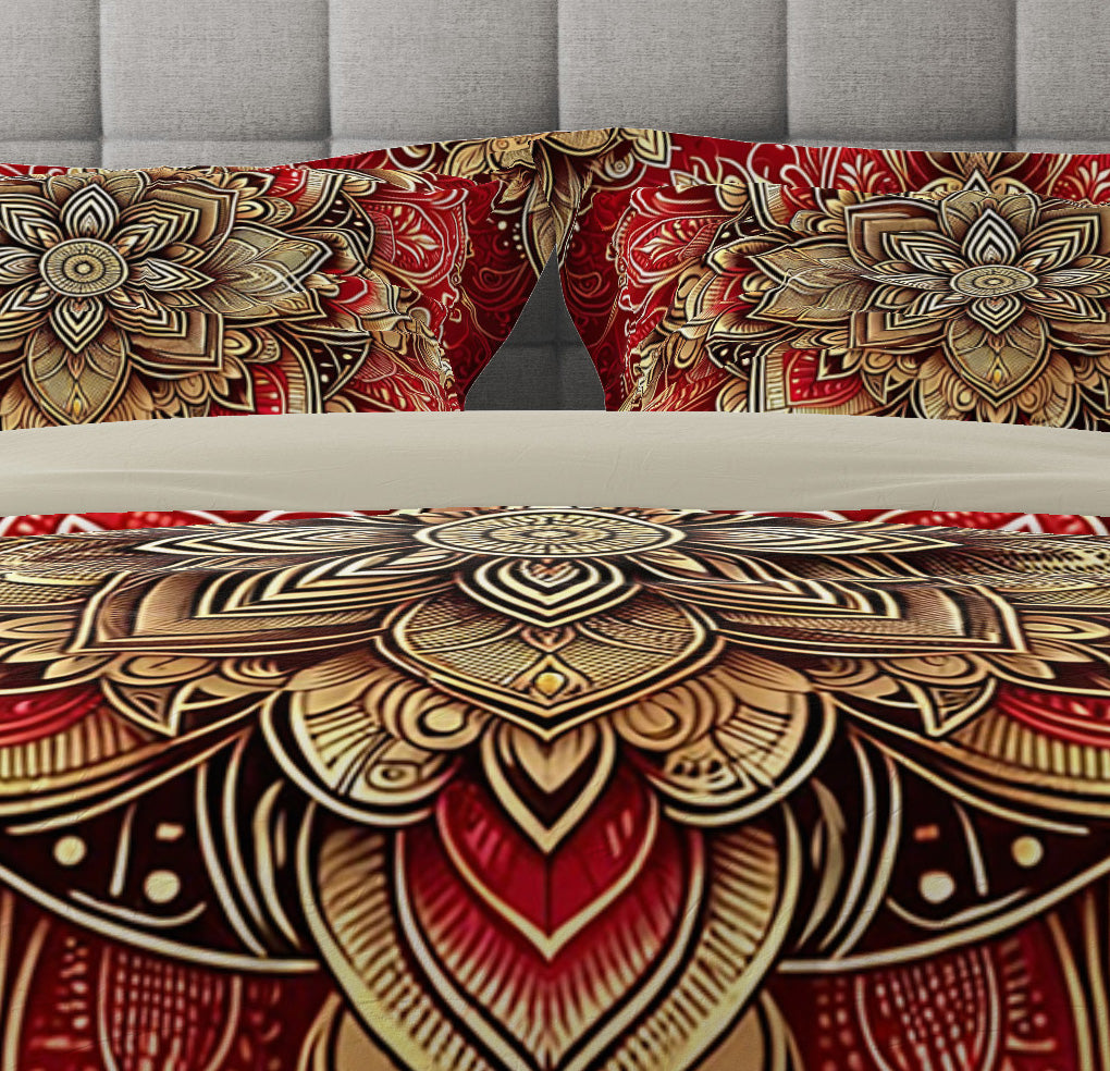 Red Gold Blossom Mandala Reversible Quilt Cover Duvet Cover Set - Adore India