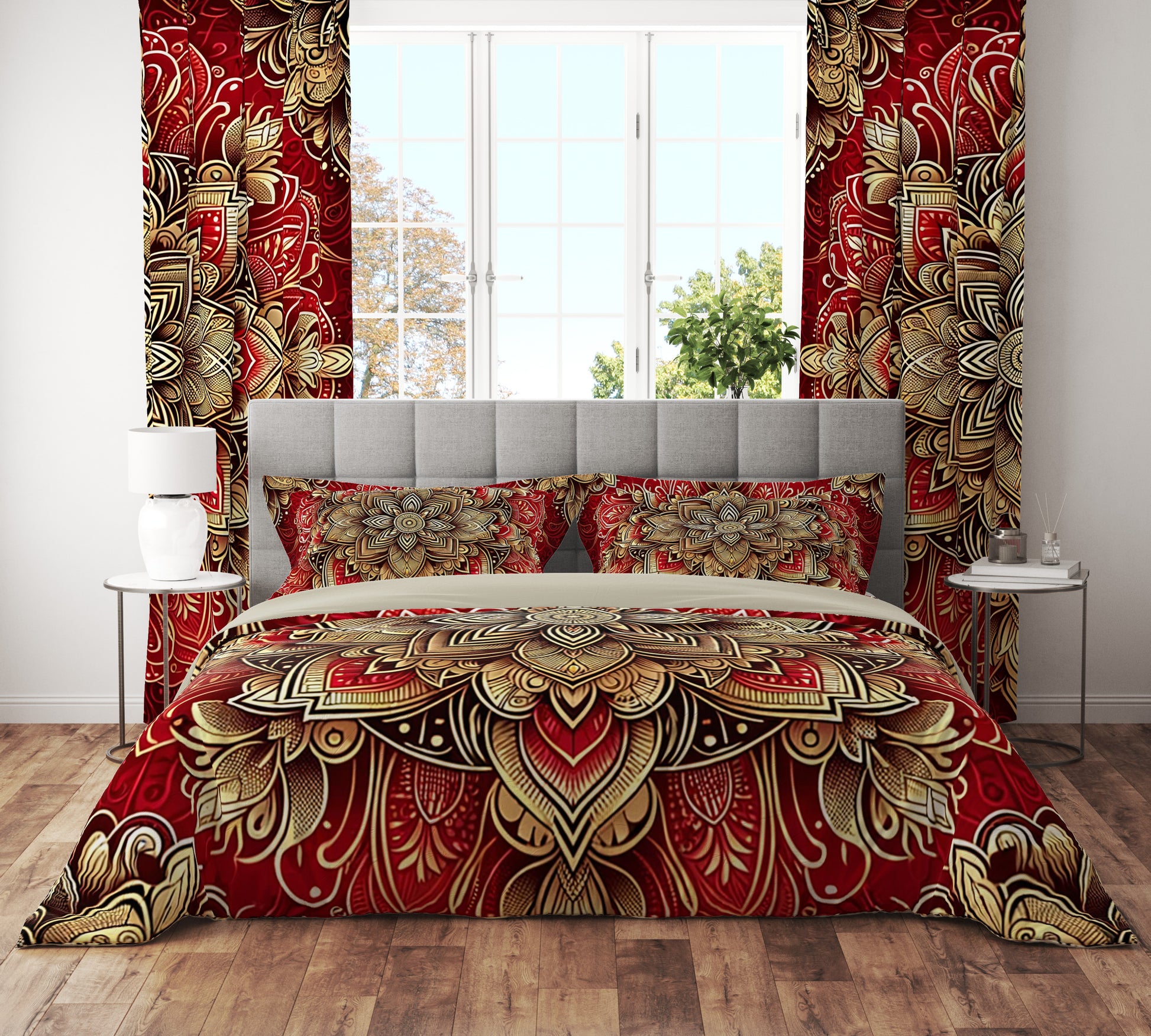 Red Gold Blossom Mandala Reversible Quilt Cover Duvet Cover Set - Adore India