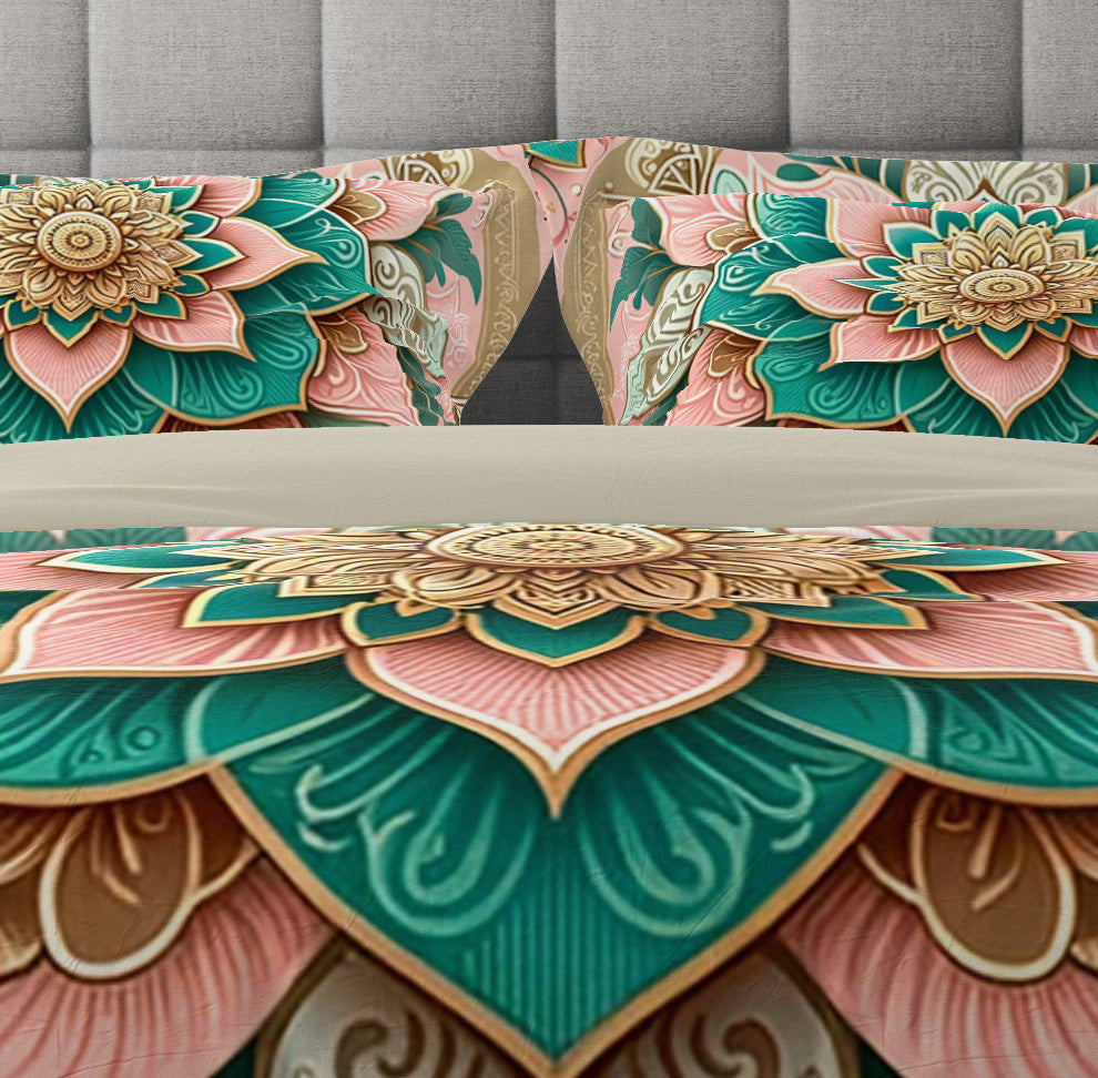 Pink Teal Blossom Mandala Reversible Quilt Cover Duvet Cover Set - Adore India