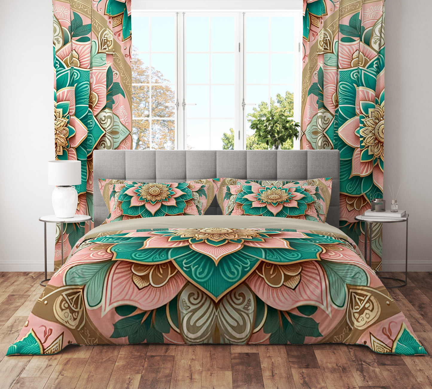 Pink Teal Blossom Mandala Reversible Quilt Cover Duvet Cover Set - Adore India
