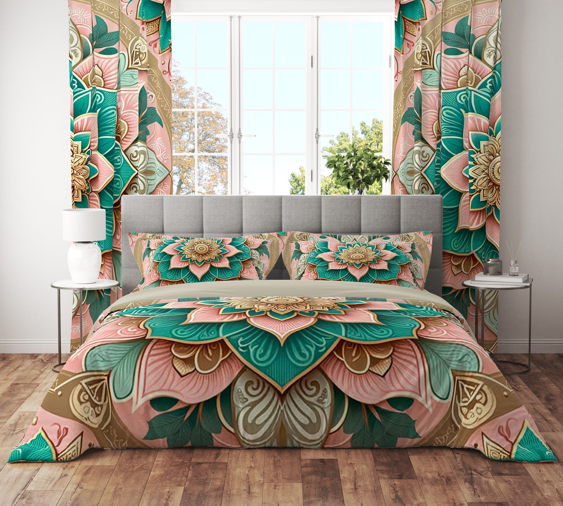 Pink Teal Blossom Mandala Reversible Quilt Cover Duvet Cover Set - Adore India