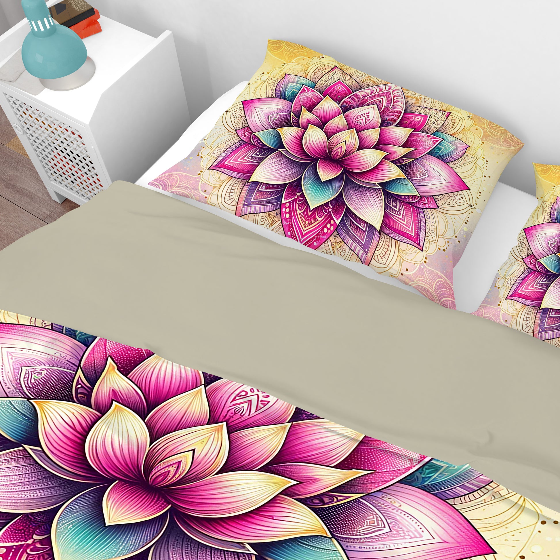Pink Yellow Bohemian Statement Reversible Quilt Cover Duvet Cover Set - Adore India