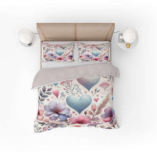 Beautiful Watercolour Floral Love Heart Cotton Reversible Quilt Cover Set For Mothers