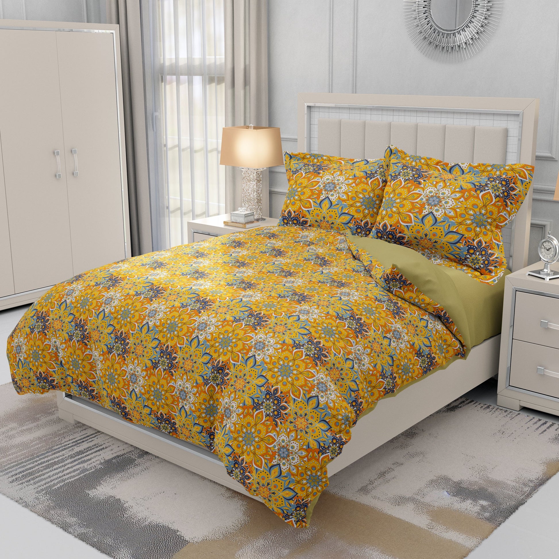 Mustard Floral Quilt Cover Set- Elegant Bedding for Blissful Nights King Size - Adore India