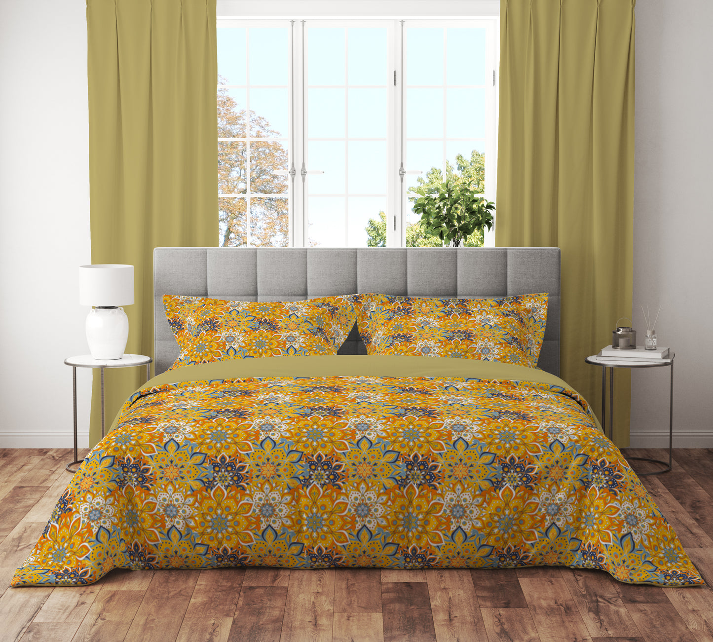 Mustard Floral Quilt Cover Set- Elegant Bedding for Blissful Nights King Size - Adore India