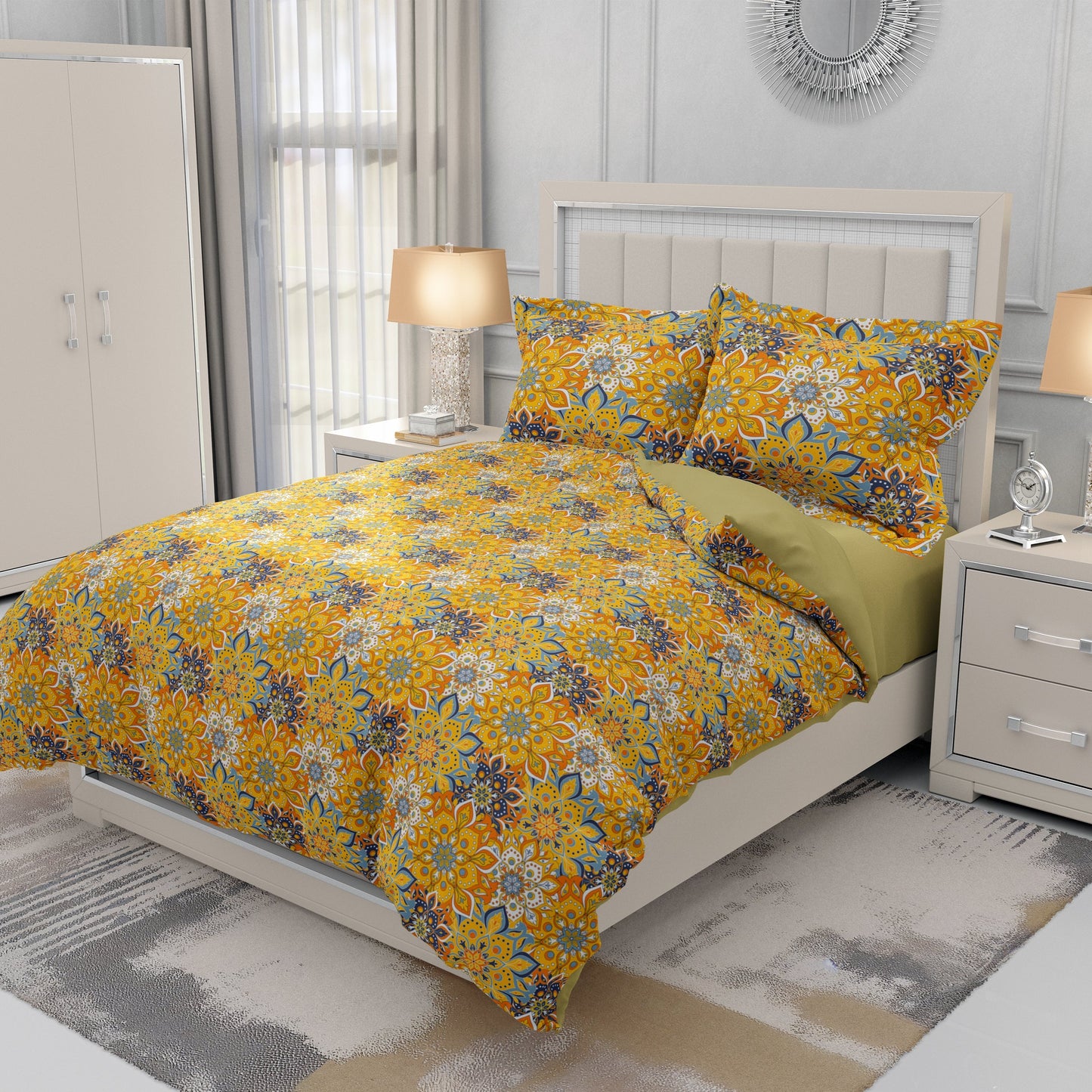Mustard Floral Quilt Cover Set- Elegant Bedding for Blissful Nights - Adore India