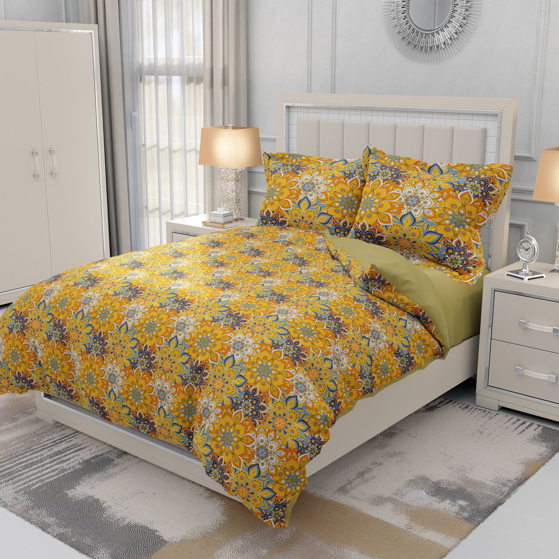 Mustard Floral Quilt Cover Set- Elegant Bedding for Blissful Nights - Adore India