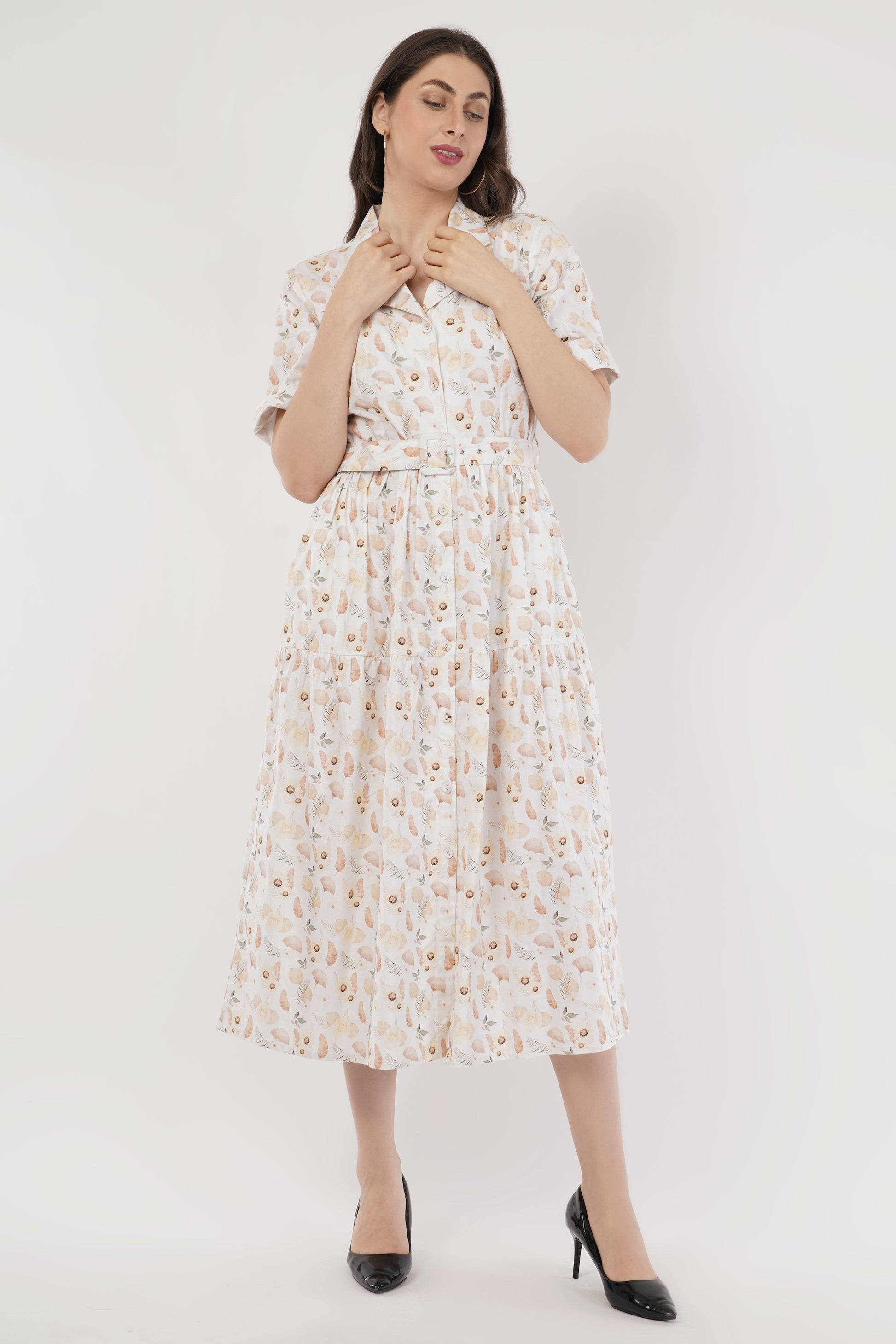Nellie  Peach Botanical Print Cotton Midi Shirt Dress with Belt