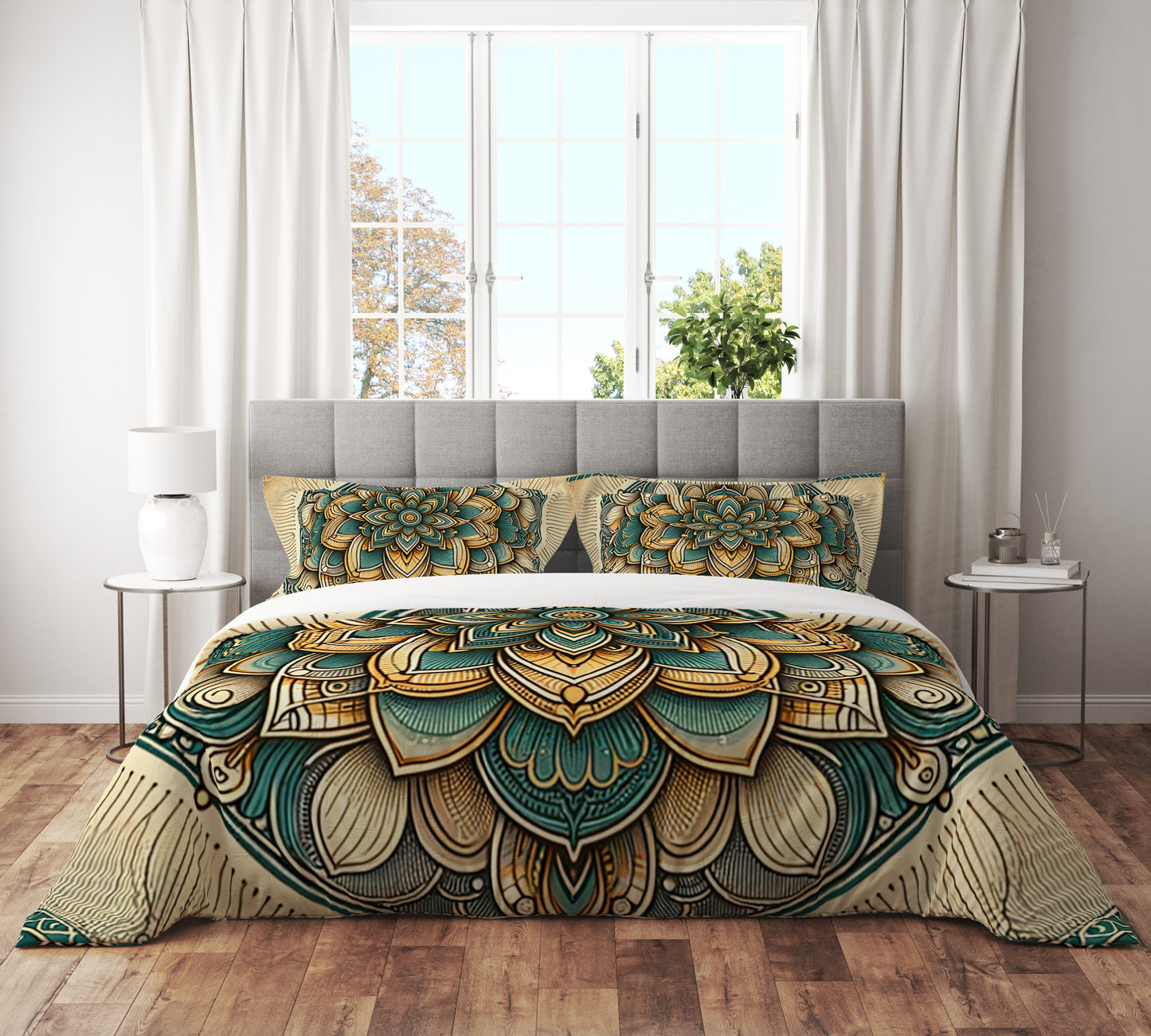 Golden Floral Indian Mandala Reversible Quilt Cover Duvet Cover Set - Adore India