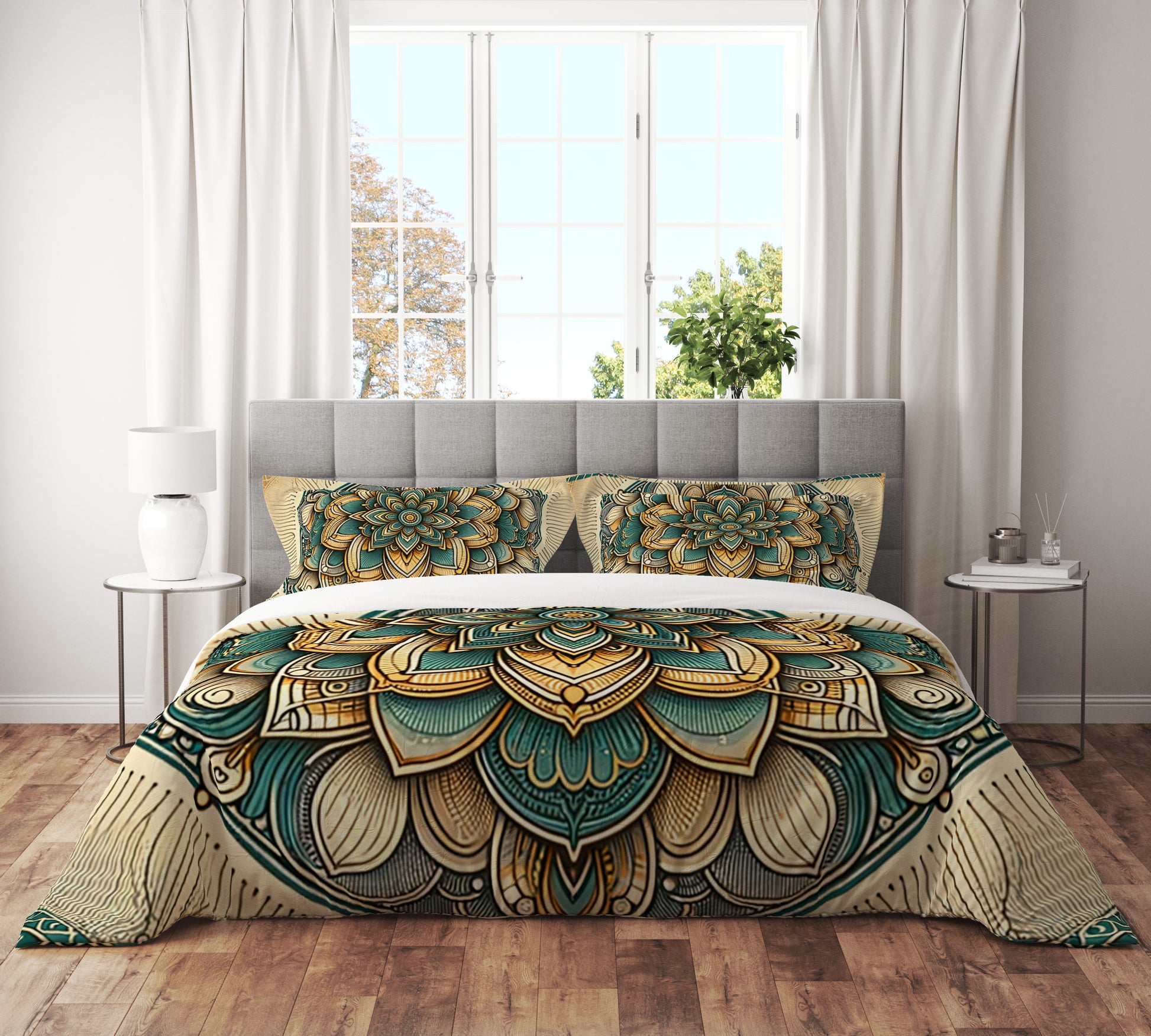 Golden Floral Indian Mandala Reversible Quilt Cover Duvet Cover Set - Adore India