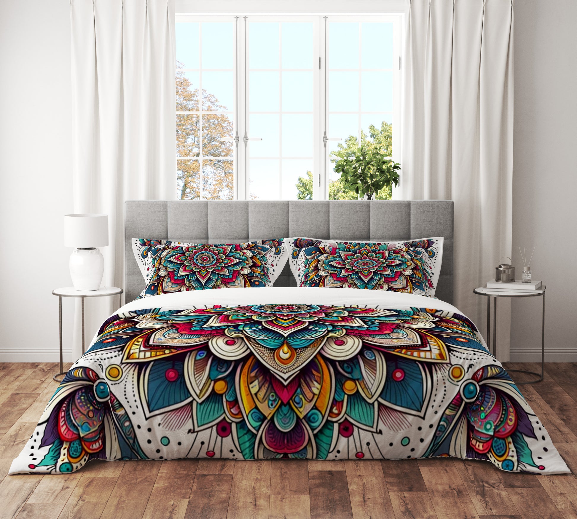 White Indian Mandala Reversible Quilt Cover Duvet Cover Set - Adore India