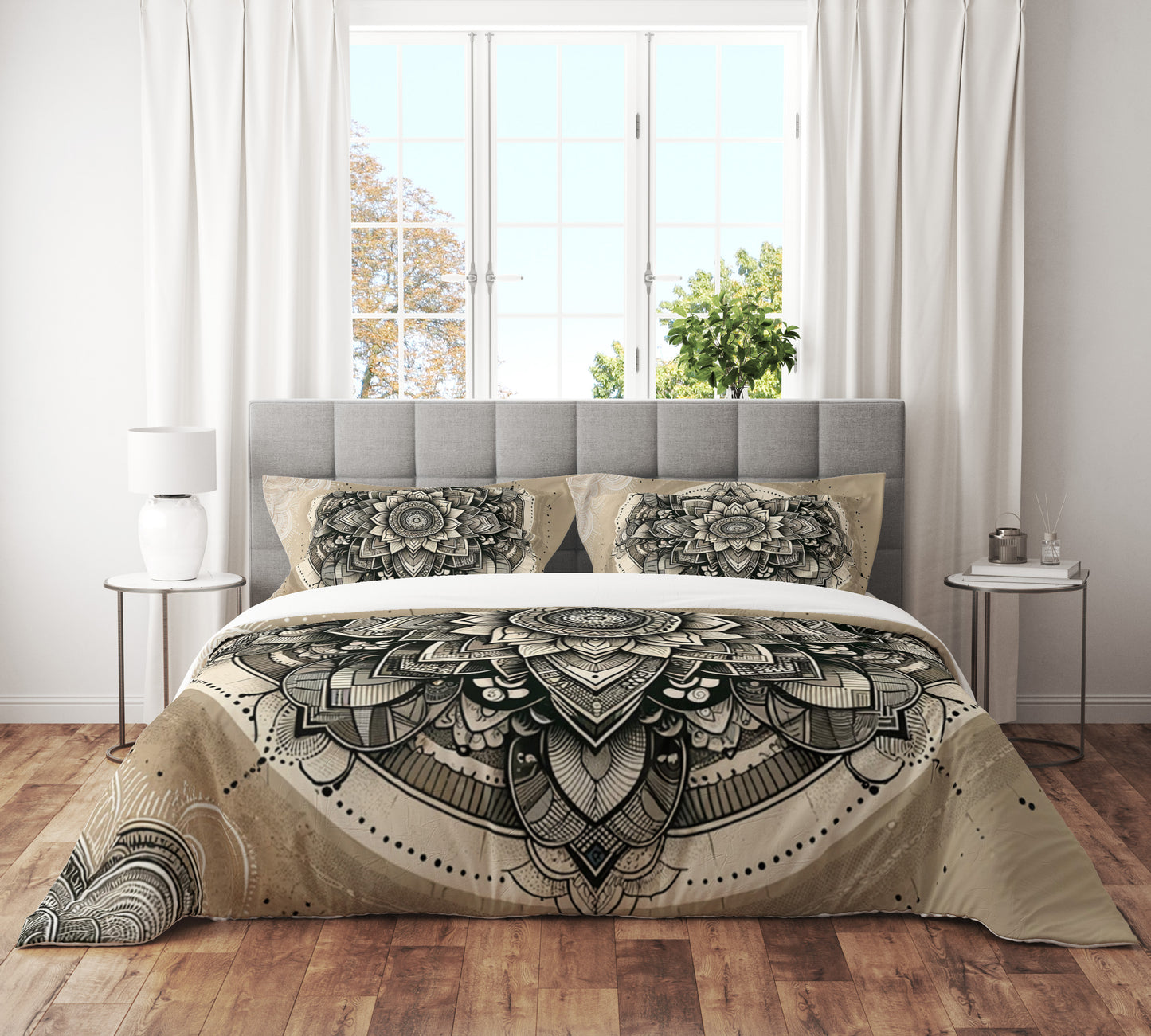 Cream Bloom Spirit Mandala Reversible Quilt Cover Duvet Cover Set - Adore India