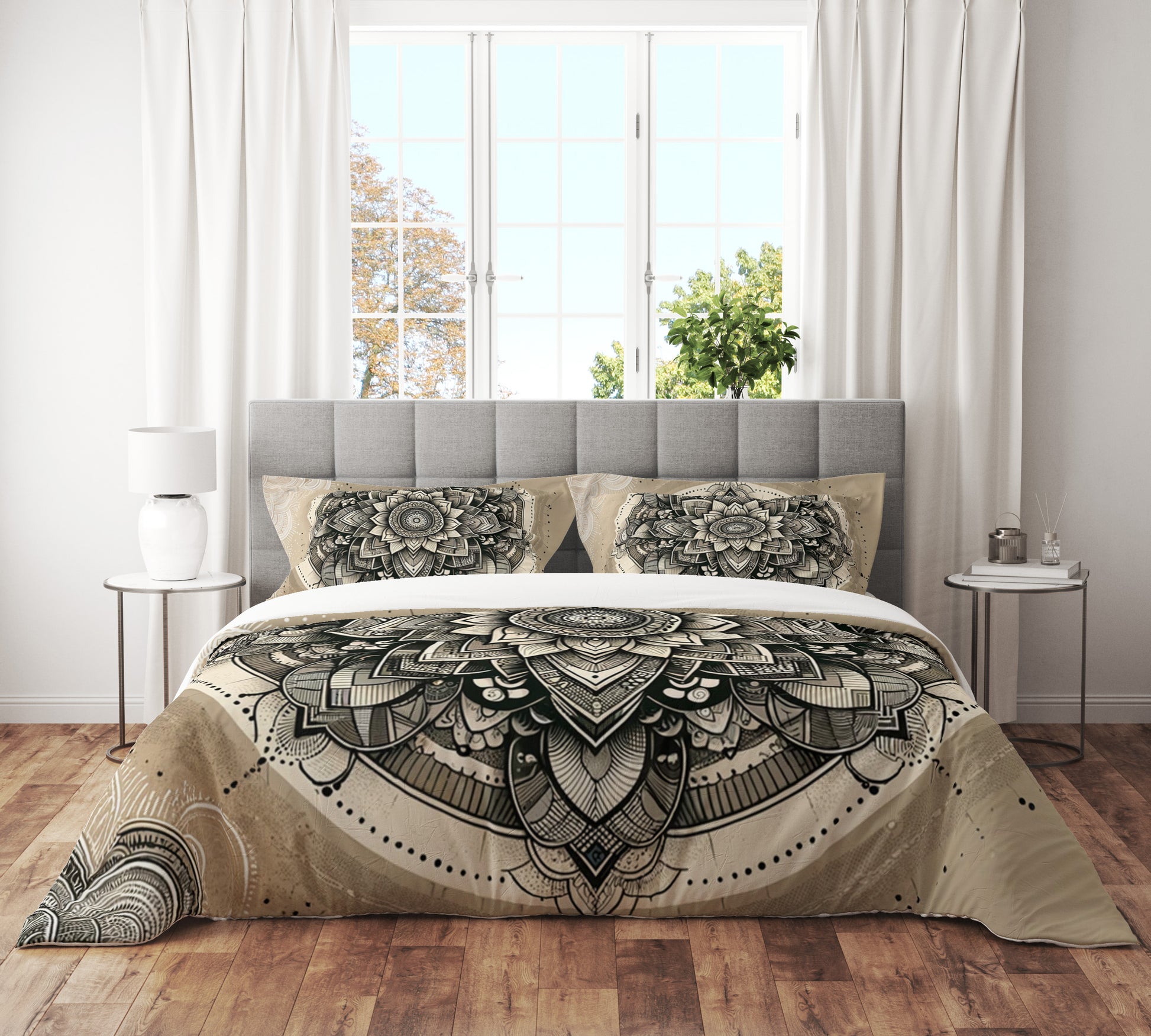 Cream Bloom Spirit Mandala Reversible Quilt Cover Duvet Cover Set - Adore India