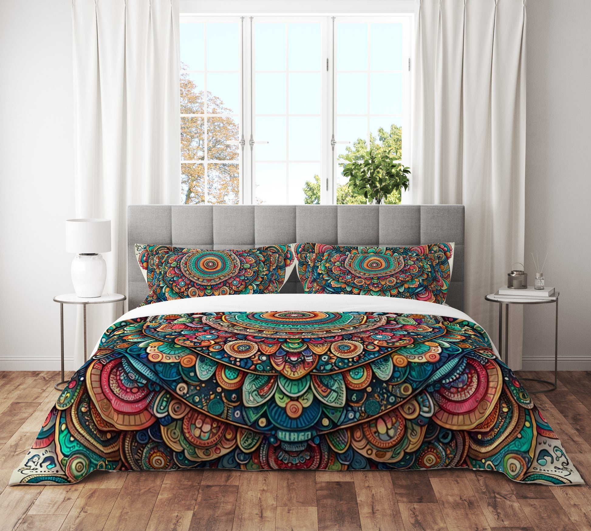 MultiColour Bold Indian Mandala Reversible Quilt Cover Duvet Cover Set - Adore India