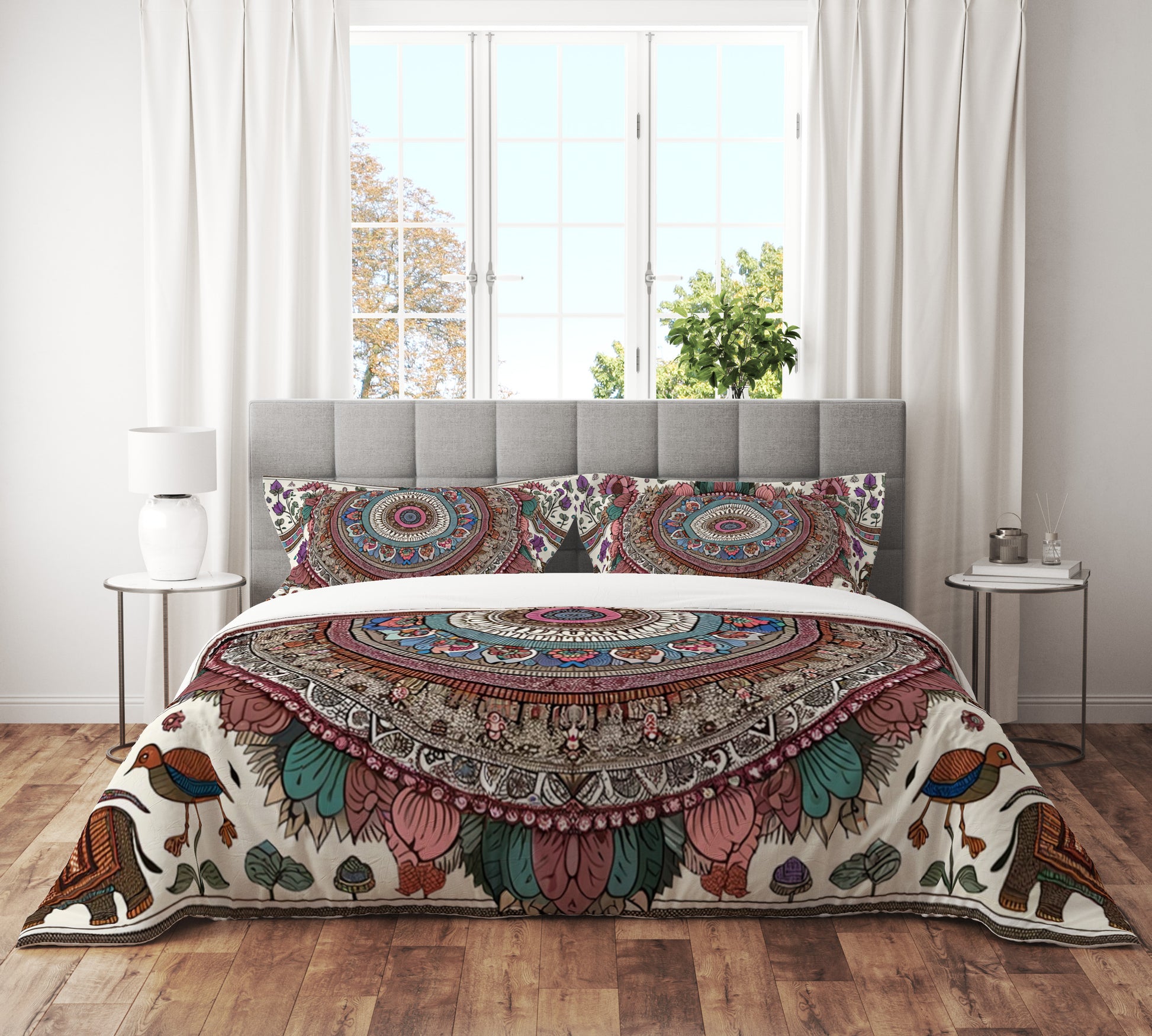 MultiColour Elephant Mandala Reversible Quilt Cover Duvet Cover Set - Adore India