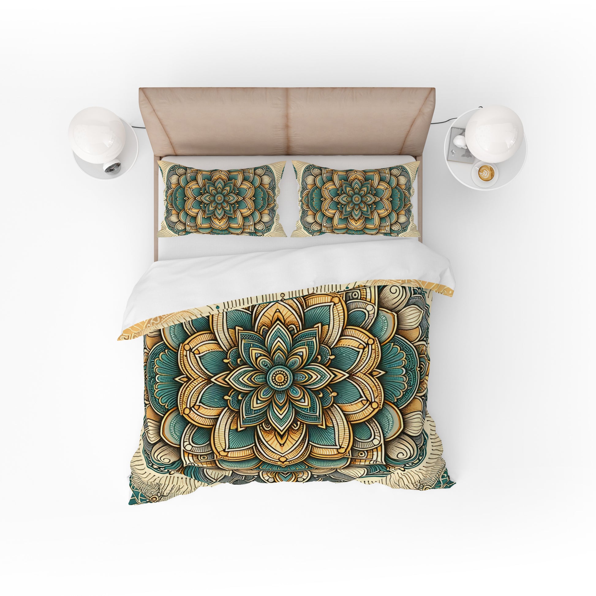 Golden Floral Indian Mandala Reversible Quilt Cover Duvet Cover Set - Adore India