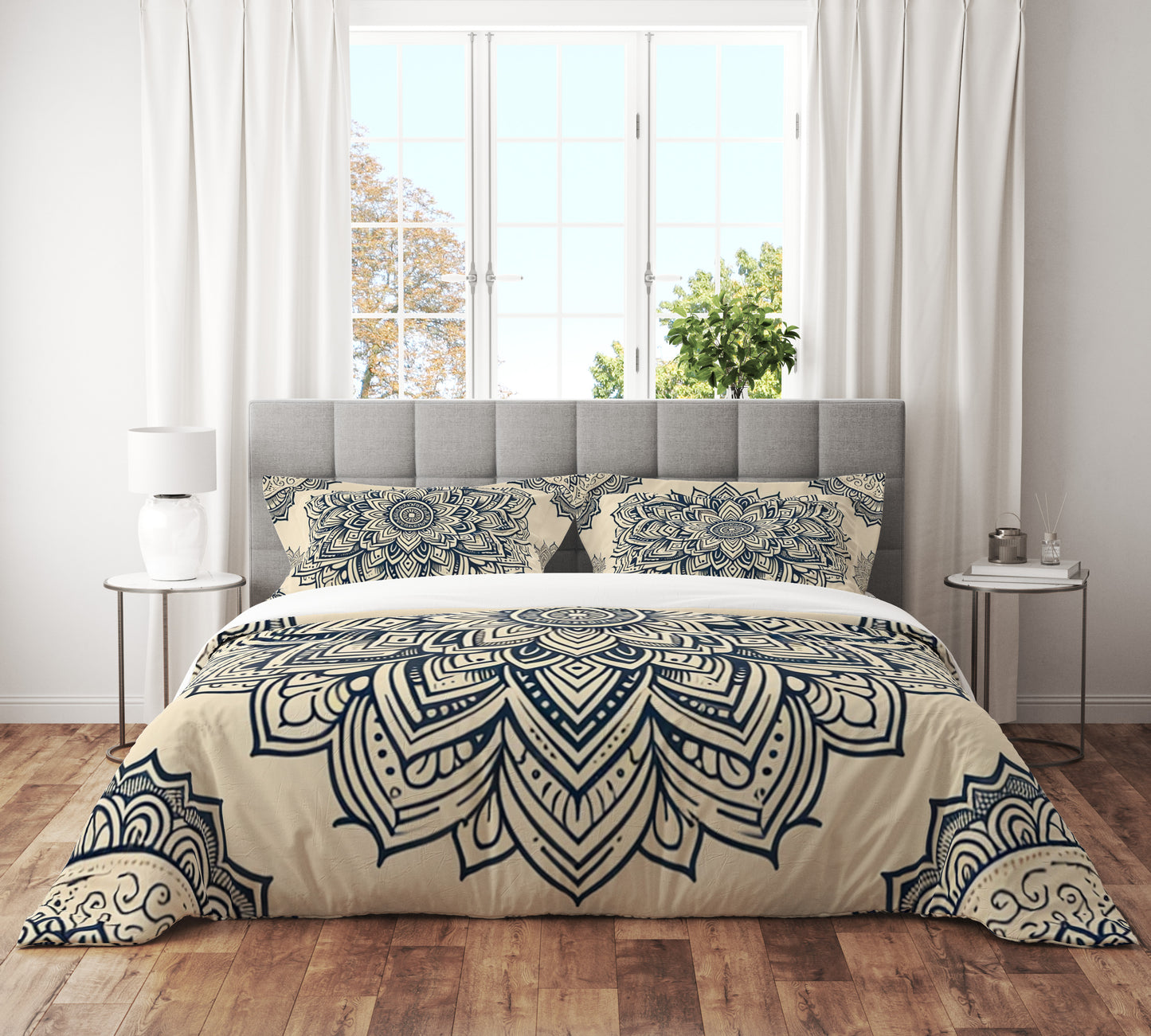 Beige Floral Indian Mandala Reversible Quilt Cover Duvet Cover Set - Adore India