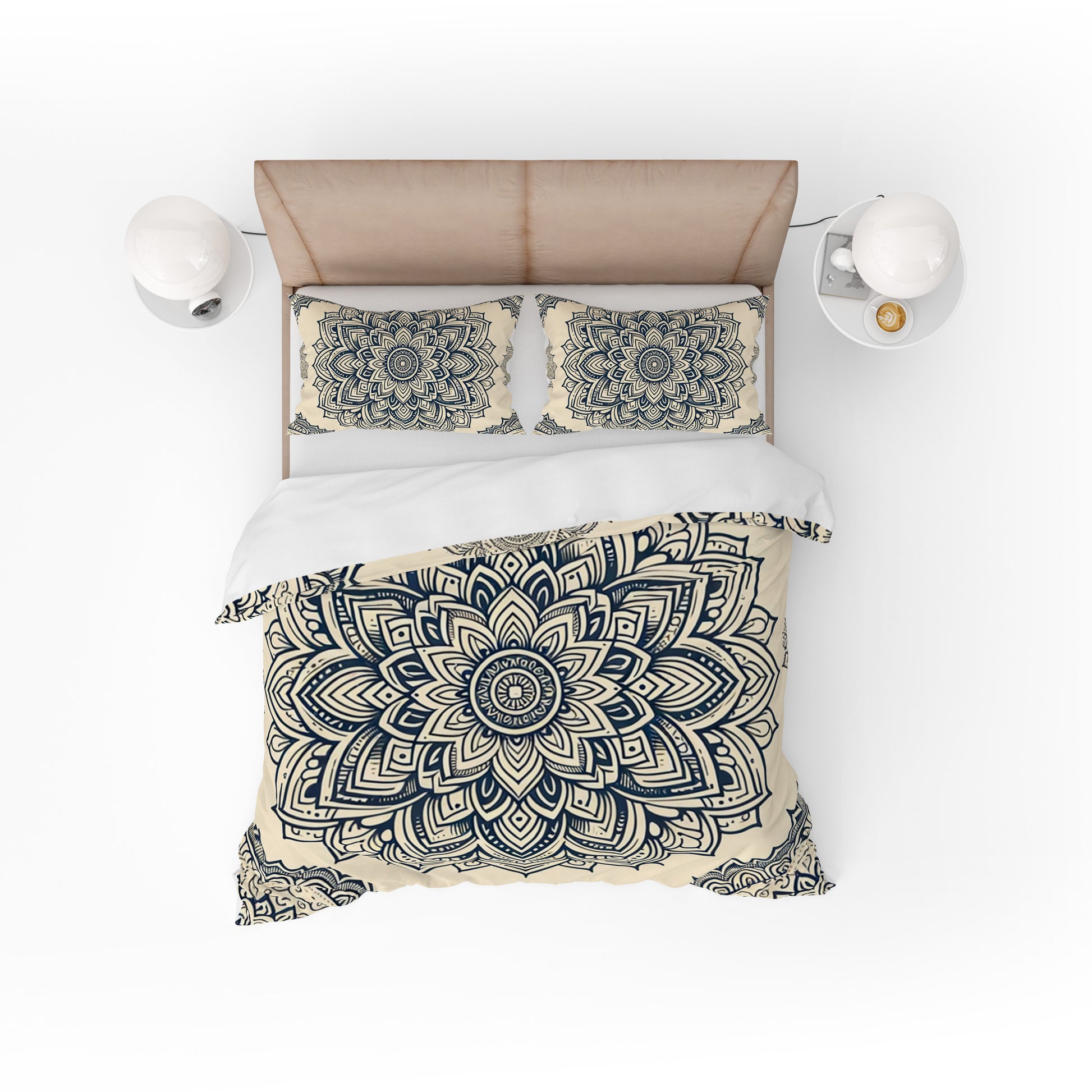 Beige Floral Indian Mandala Reversible Quilt Cover Duvet Cover Set - Adore India