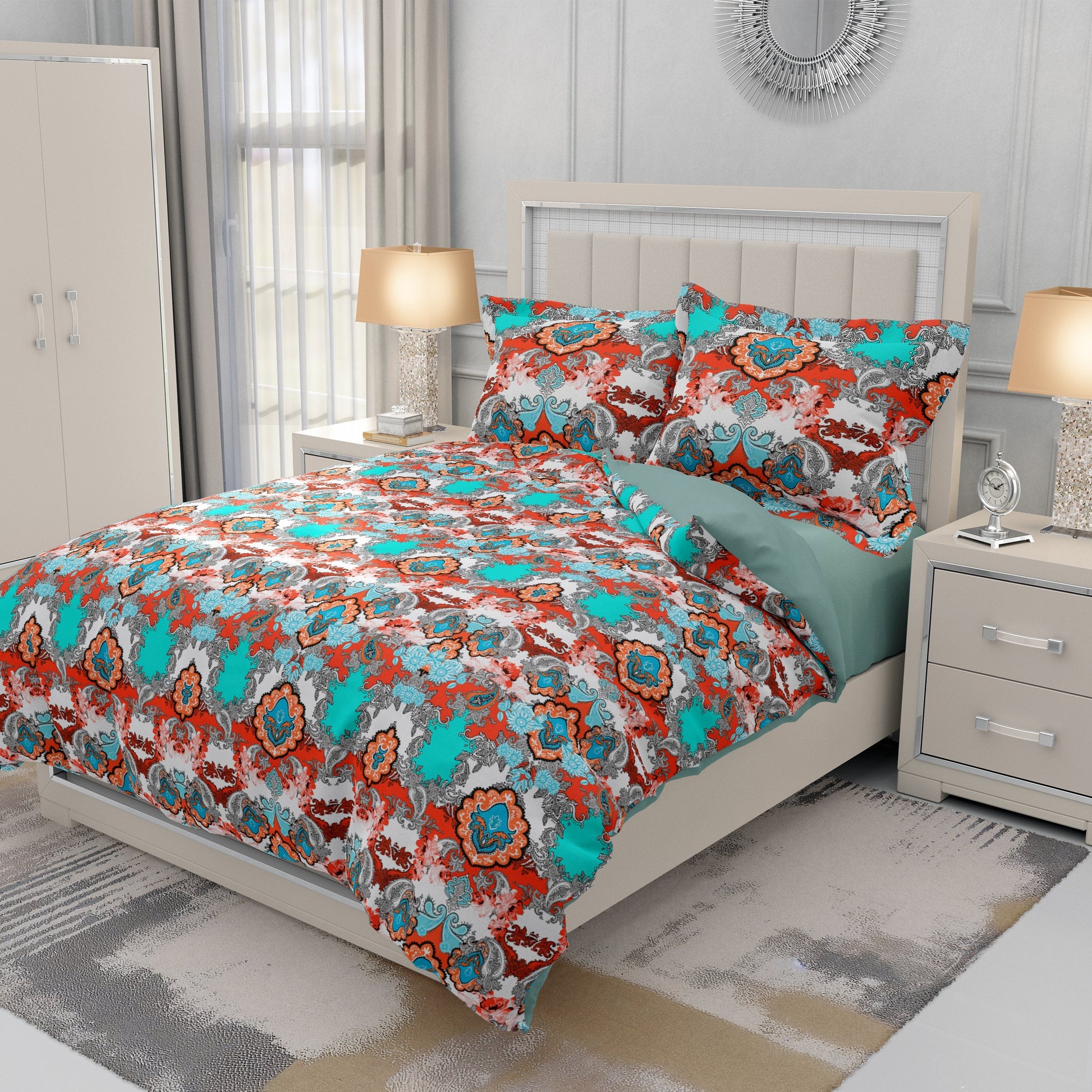 Paisley Elegance Quilt Cover Set - Vibrant Red & Teal Hues for a Stylish Bedroom Retreat King Size - Adore India