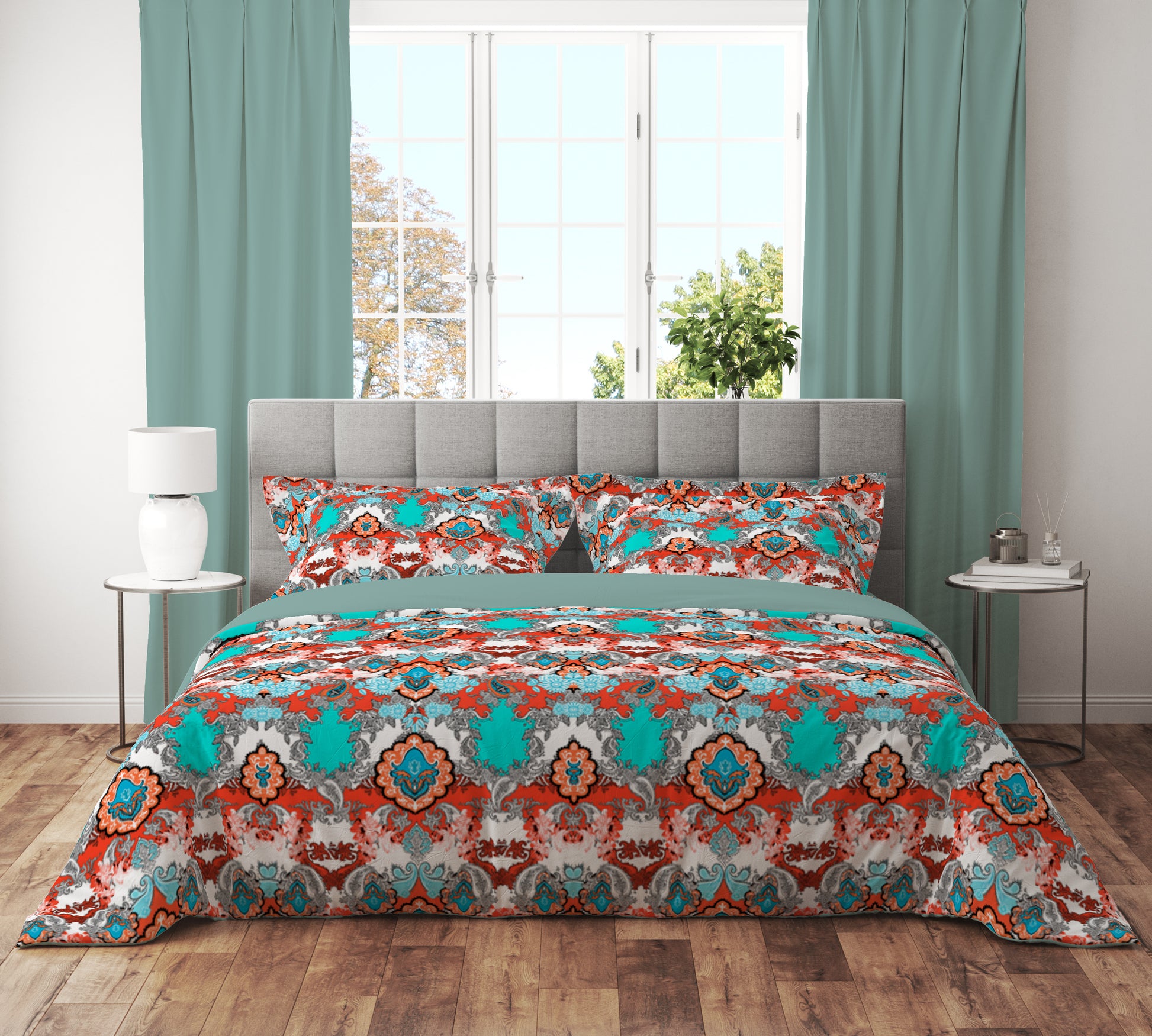 Paisley Elegance Quilt Cover Set - Vibrant Red & Teal Hues for a Stylish Bedroom Retreat - Adore India