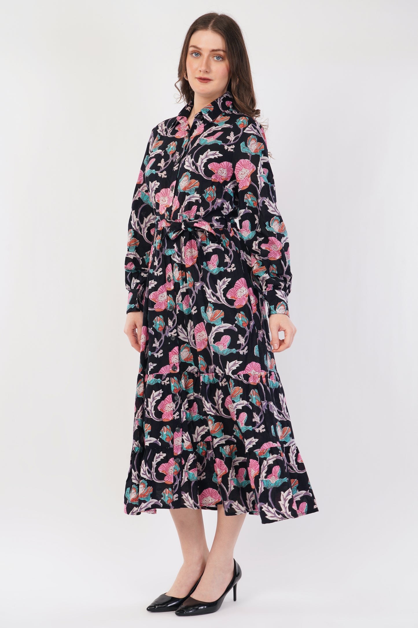 Hand Block Printed Cotton Shirt Dress – Midnight Bloom