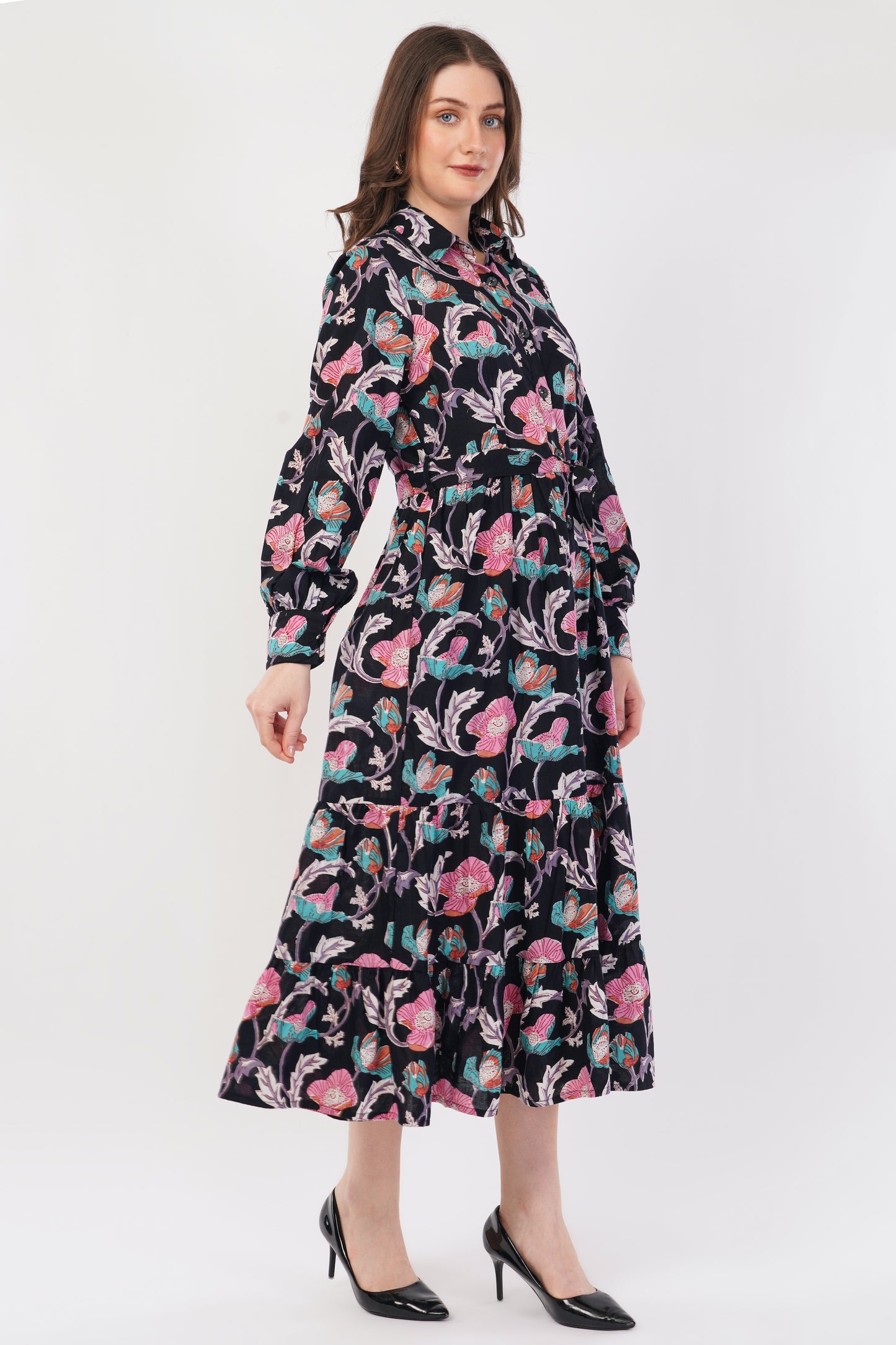 Hand Block Printed Cotton Shirt Dress – Midnight Bloom