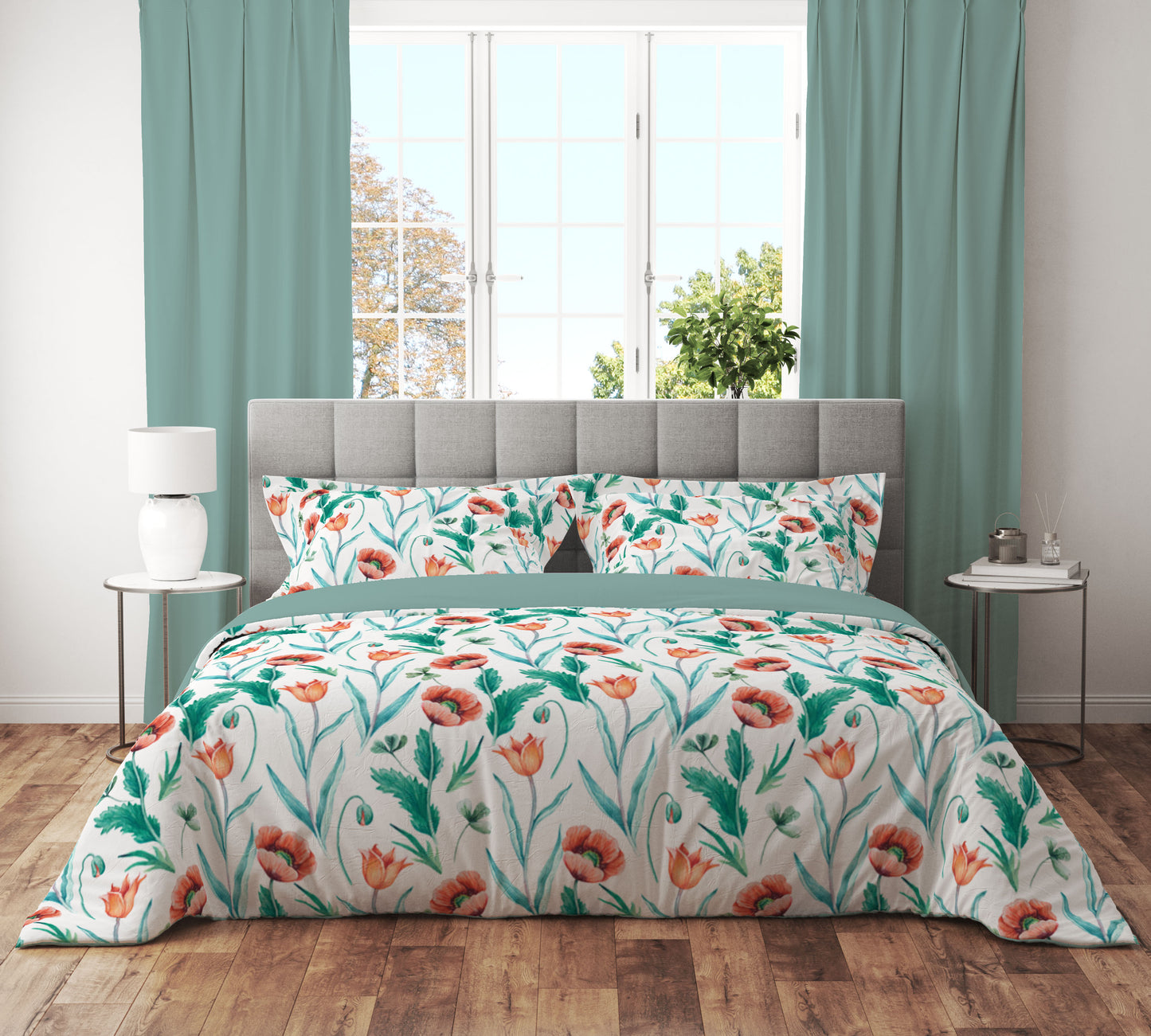 Rose Floral Quilt Cover Set - Serene Blooms on White with Teal and Green Accents - Adore India
