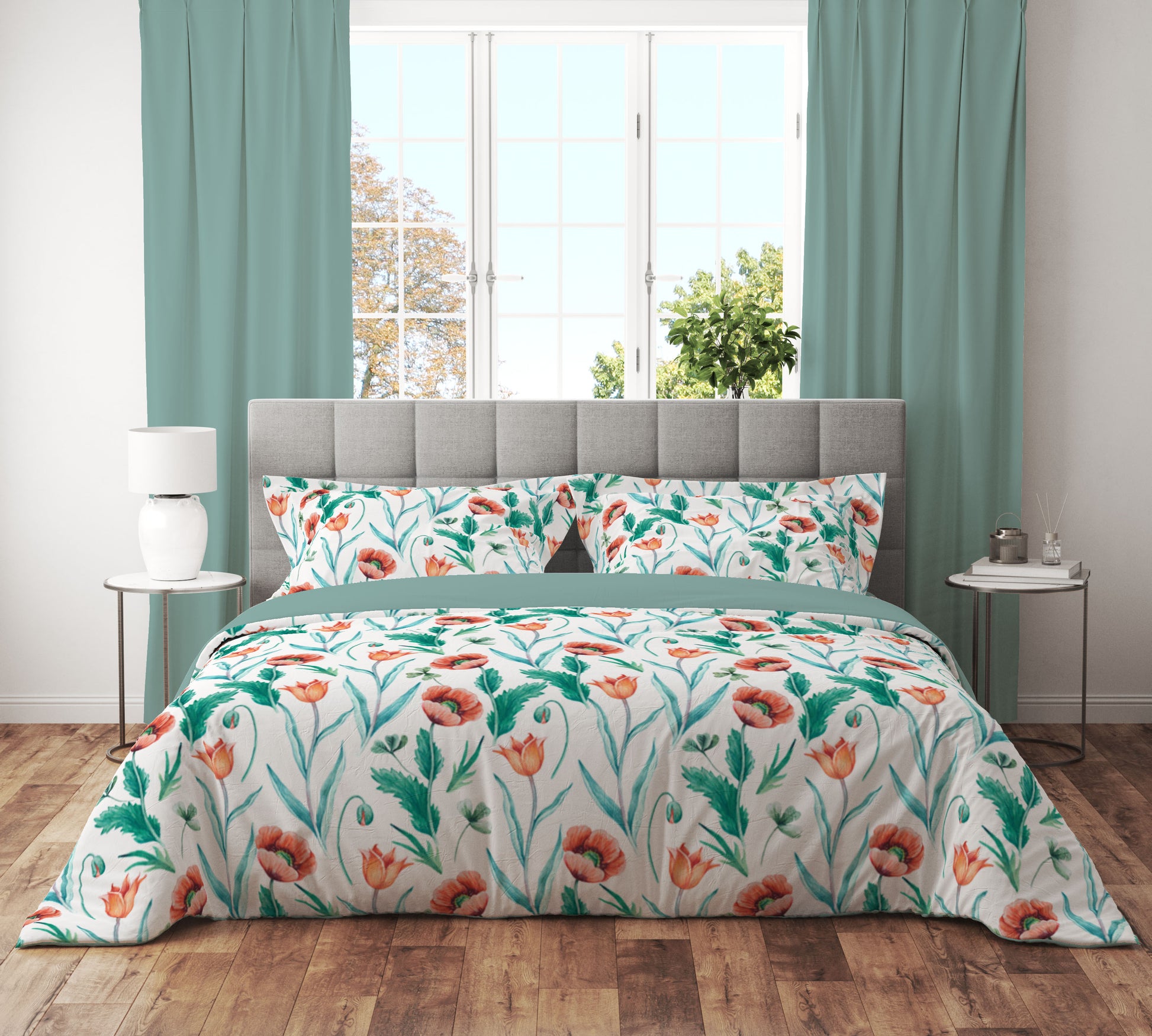 Rose Floral Quilt Cover Set - Serene Blooms on White with Teal and Green Accents - Adore India
