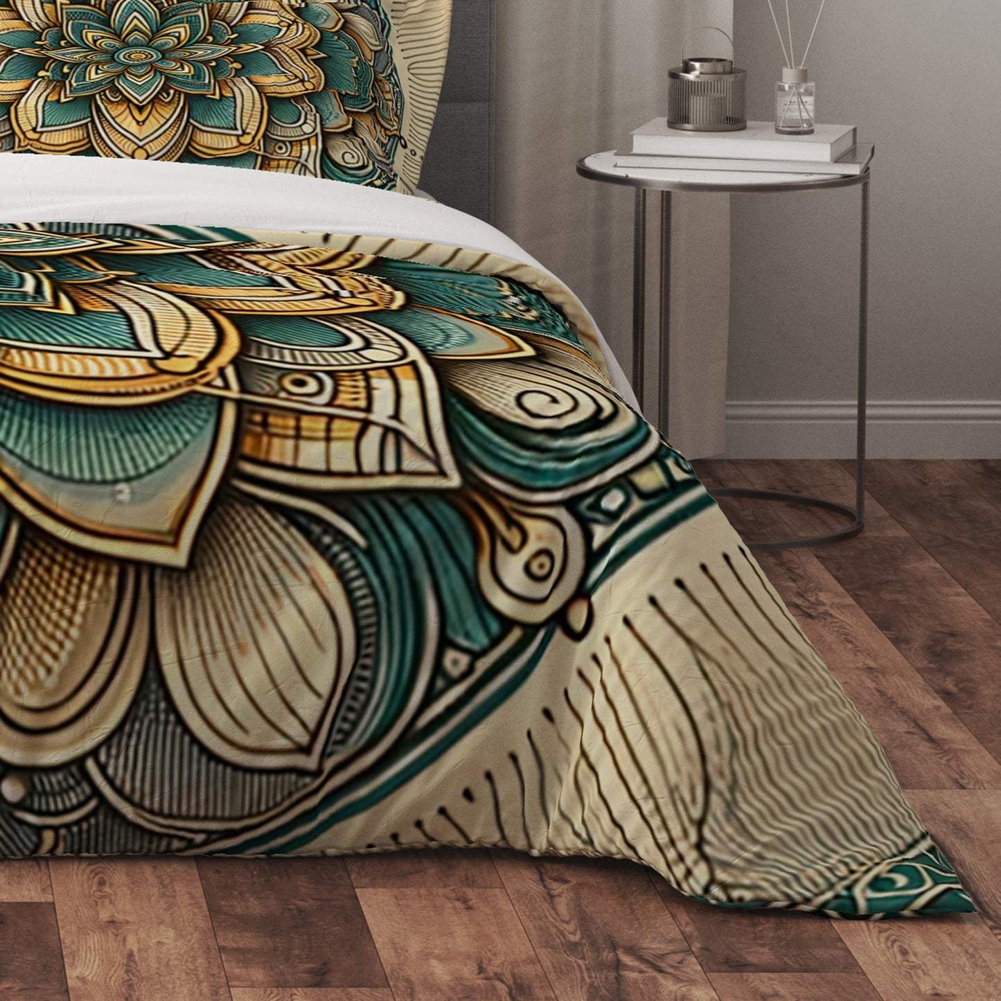 Golden Floral Indian Mandala Reversible Quilt Cover Duvet Cover Set - Adore India