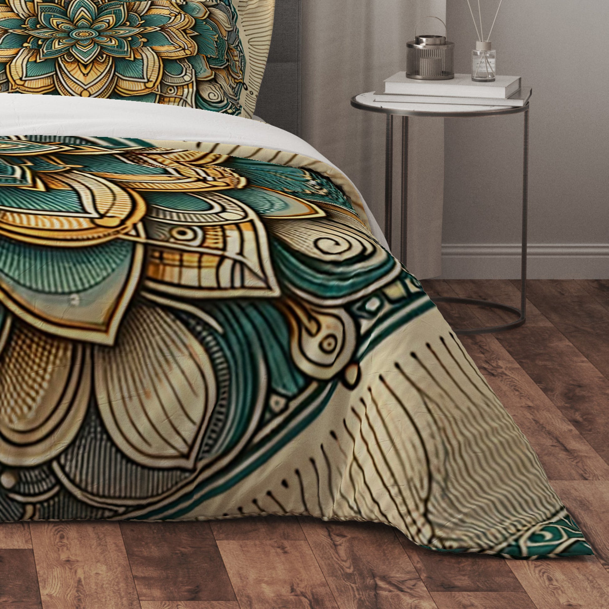 Golden Floral Indian Mandala Reversible Quilt Cover Duvet Cover Set - Adore India