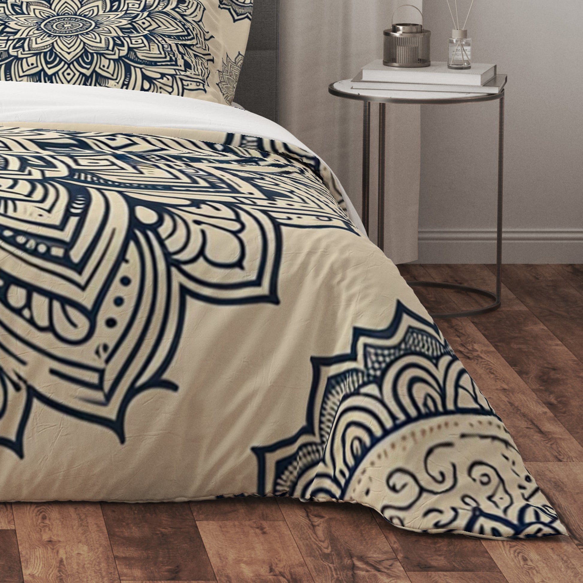 Beige Floral Indian Mandala Reversible Quilt Cover Duvet Cover Set - Adore India