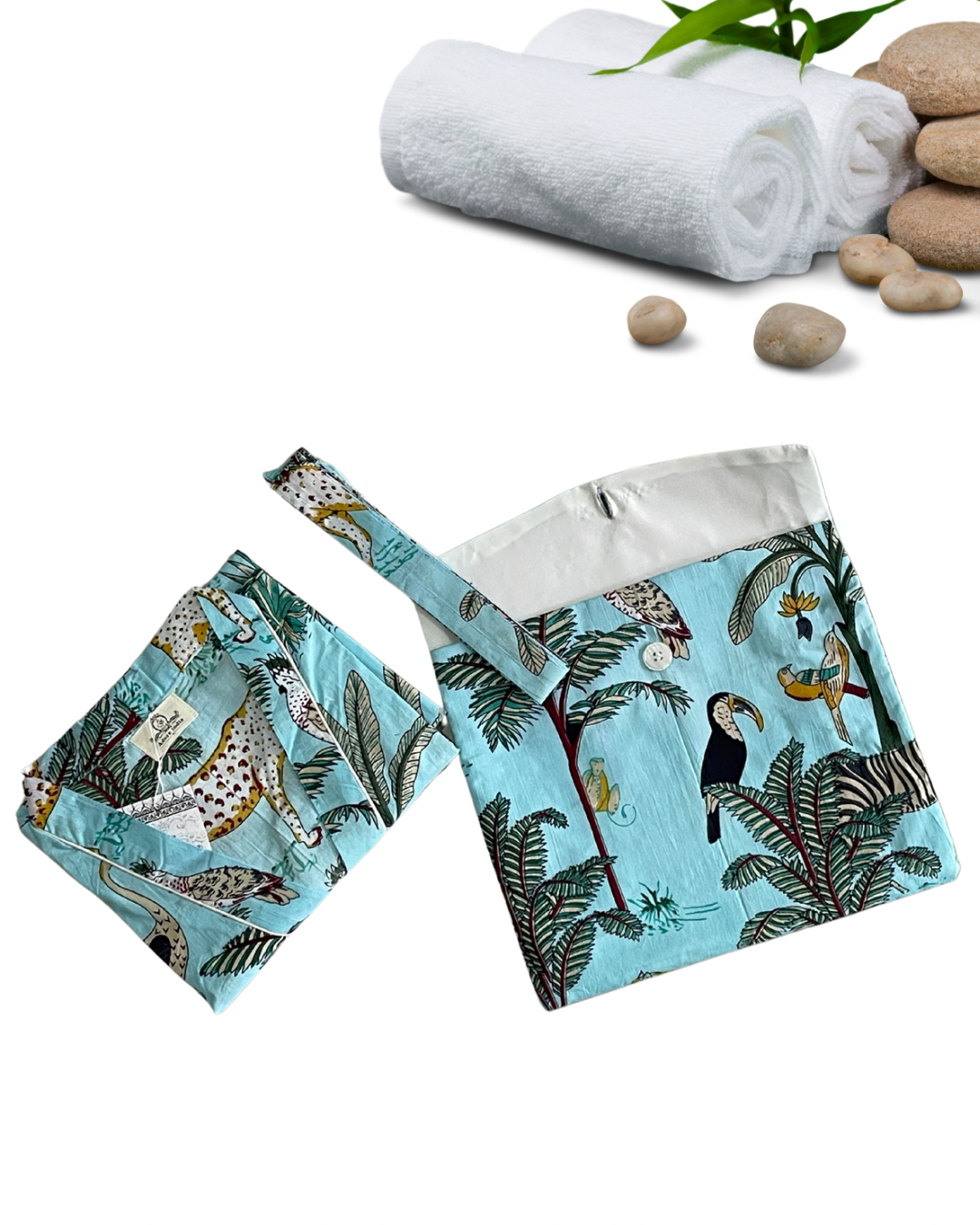 Beautiful Cotton Safari Animal Printed Turquoise Kimono Kaftan Bathrobe