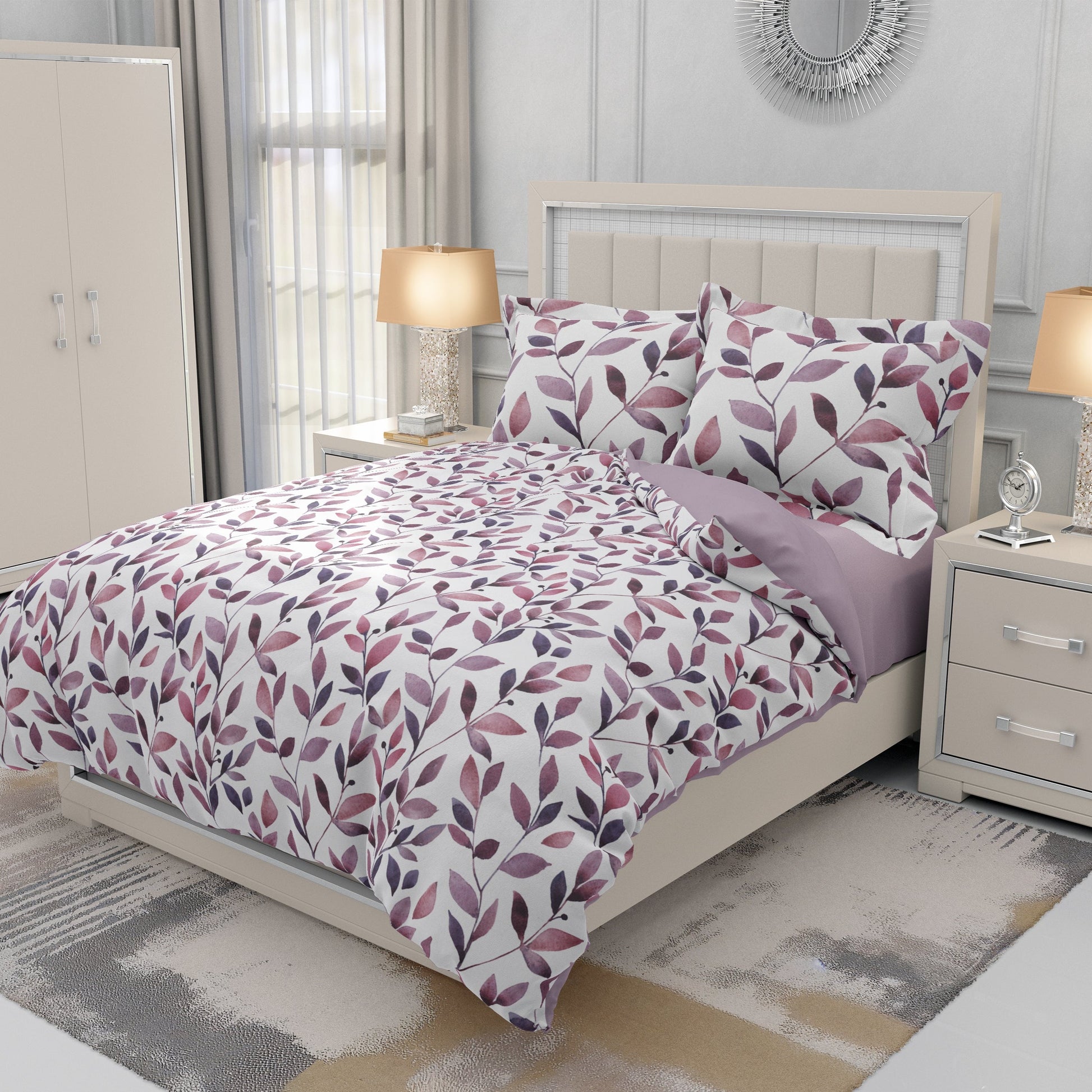 Watercolour Leaf Stem Mauve Quilt Cover Set - Serene Elegance for Your Sleep Haven King Size - Adore India