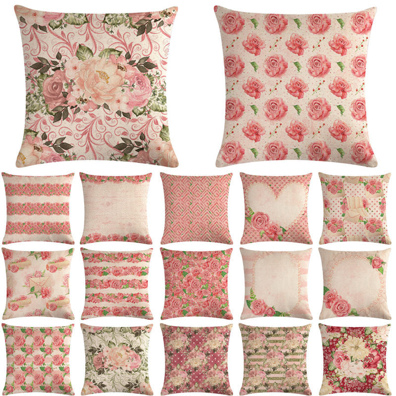 Pink Retro Floral Cushion Cover Cotton Linen Pillowcase - Adore India
