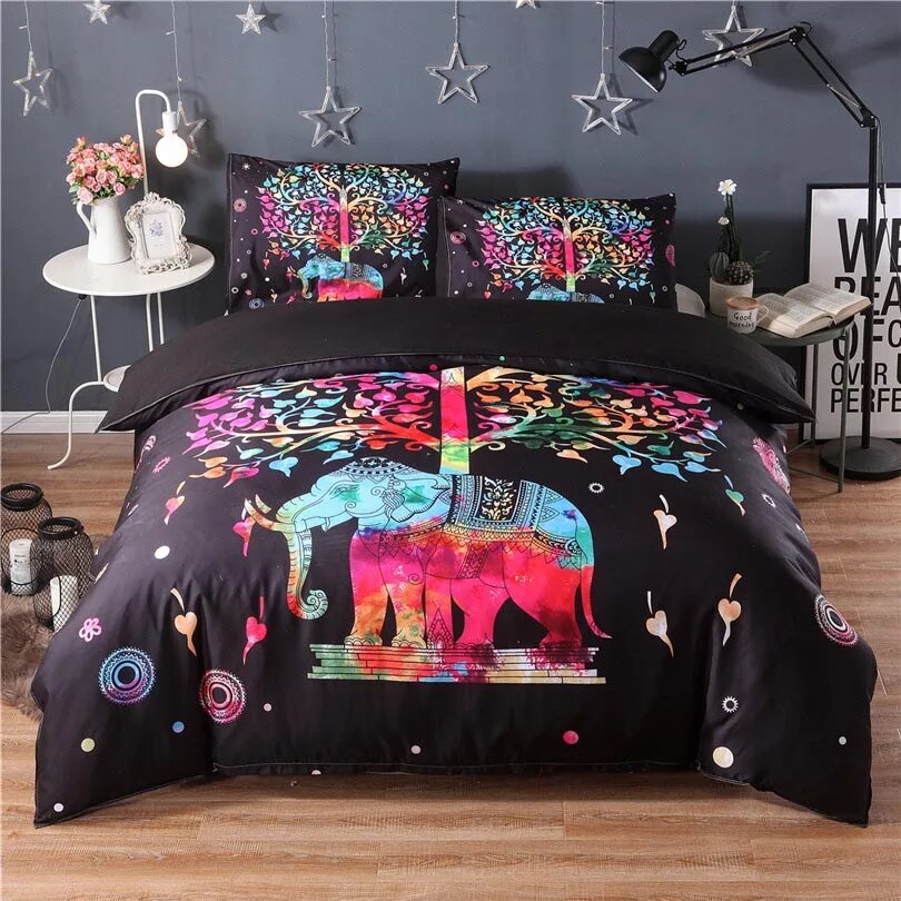 Indian Bohemian Elephant Tree Mandala Quilt Cover Set Red - Adore India