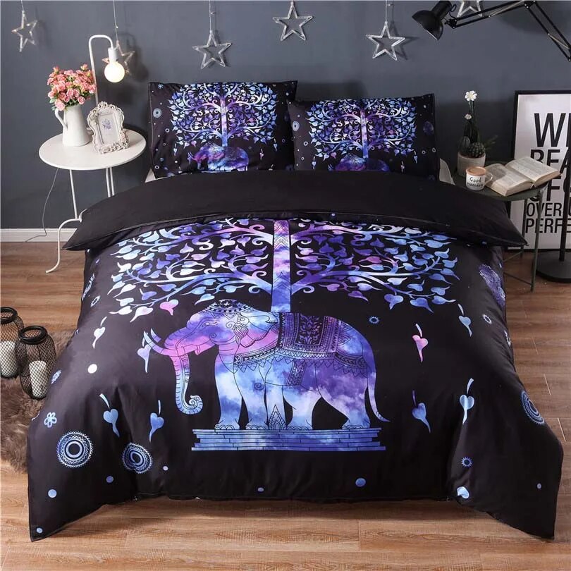 Indian Bohemian Elephant Tree Mandala Quilt Cover Set Purple - Adore India