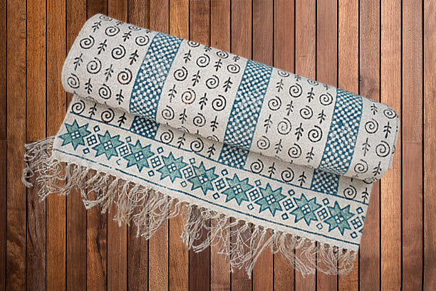 Handmade Beautiful Sarcelle Block Print Cotton Dari Carpet Serenity - Adore India