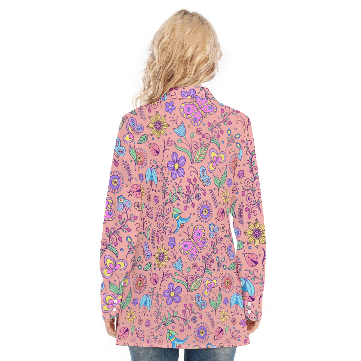 Bohemian Pink Butterfly Printed Women's Long Sleeve Shirt - Adore India