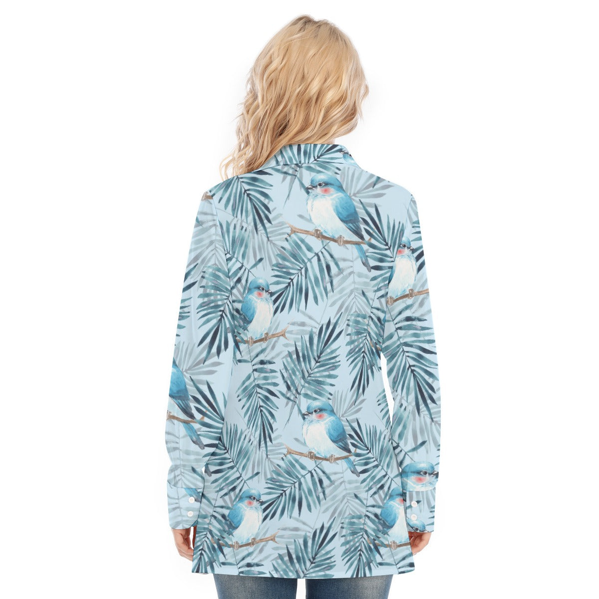 Bohemian Blue Bird of Prey Floral Women's Long Sleeve Shirt - Adore India