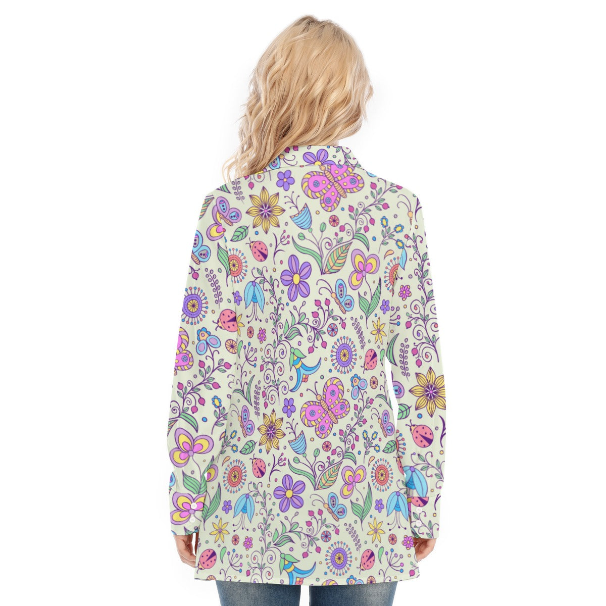 Bohemian Pastel Green Butterfly Printed Women's Long Sleeve Shirt - Adore India