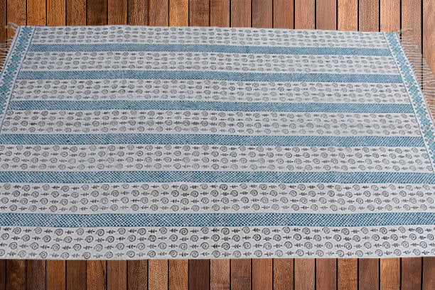 Handmade Beautiful Sarcelle Block Print Cotton Dari Carpet Serenity - Adore India