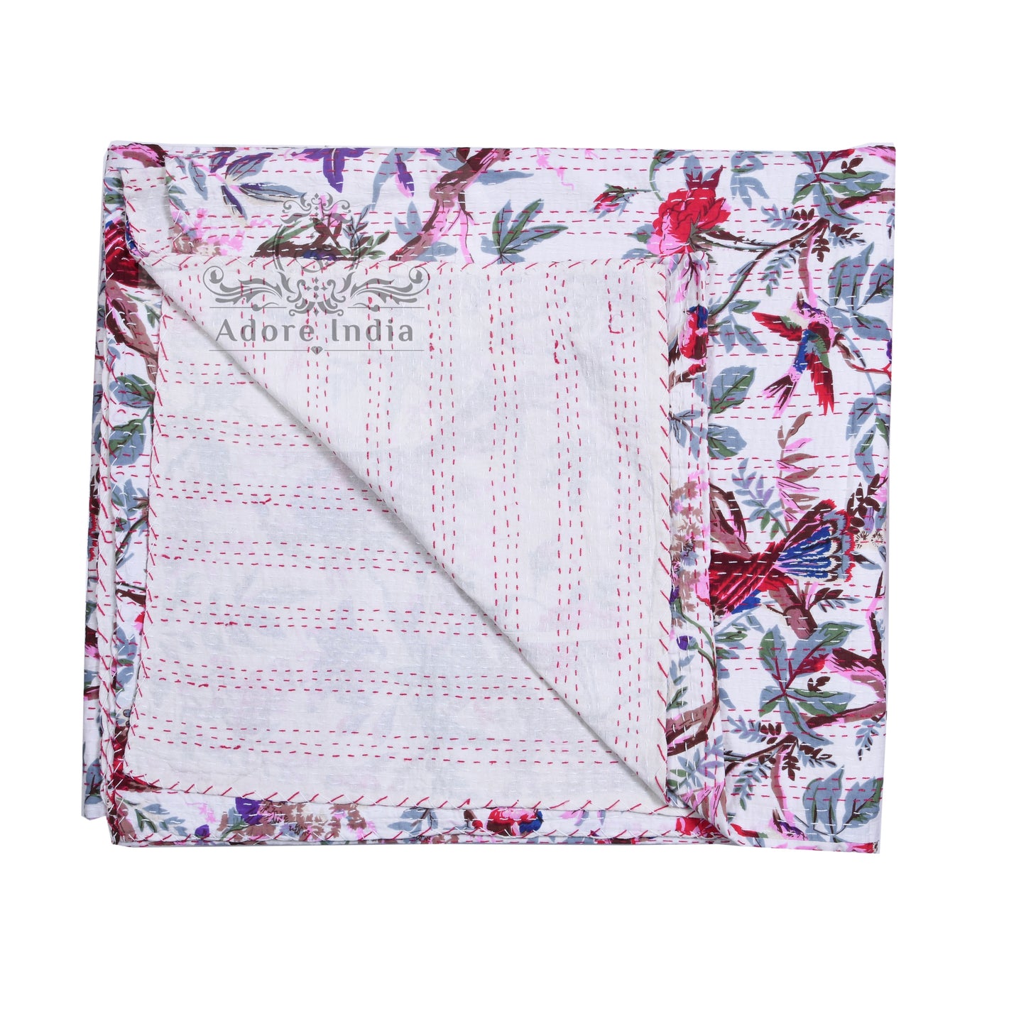 Handmade Bird of Prey Red White Cotton Reversible Kantha Quilt Bedspread Throw - Adore India