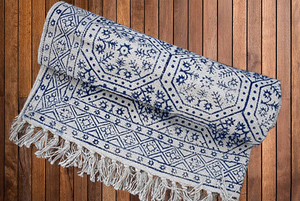 Handmade Beautiful Blue Block Print Cotton Dari Carpet Spirit - Adore India