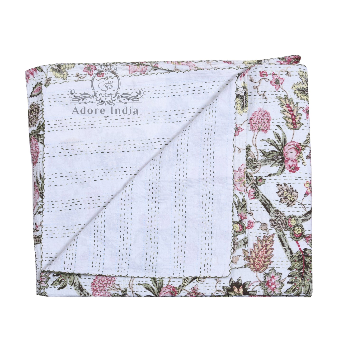 Handmade Divinity Floral Printed Cotton Reversible Kantha Quilt Bedspread Throw - Adore India