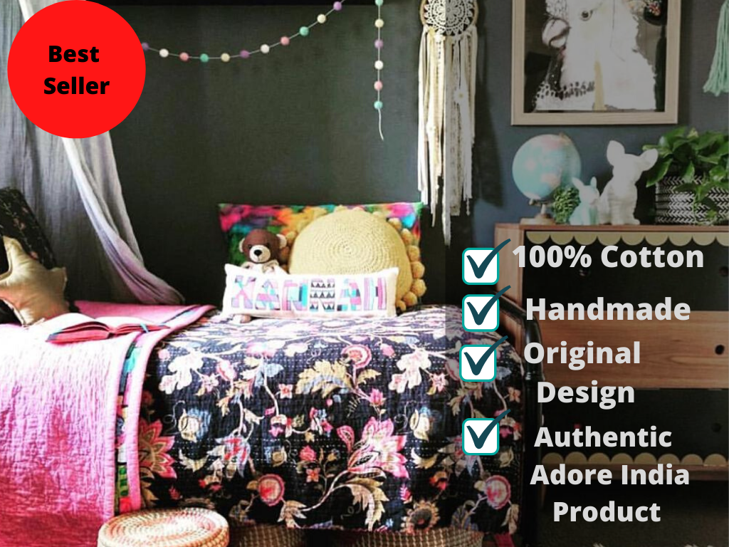 Hand Made Black Flower Printed Cotton Reversible Kantha Quilt Bedspread Throw Home Decor Art