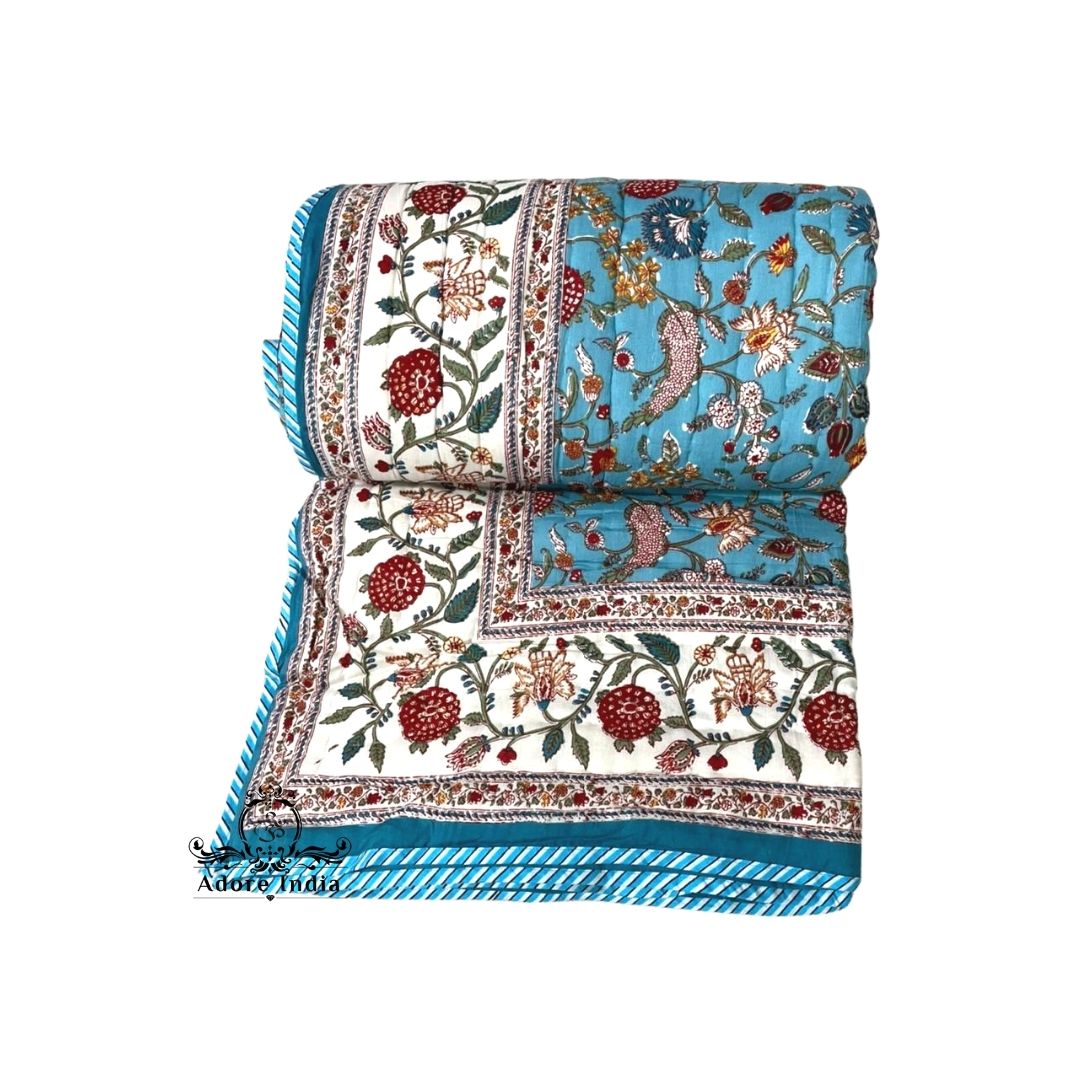 Fruity Turquoise Floral Cotton Padded Kantha Bedspread Quilt Comforter - Adore India