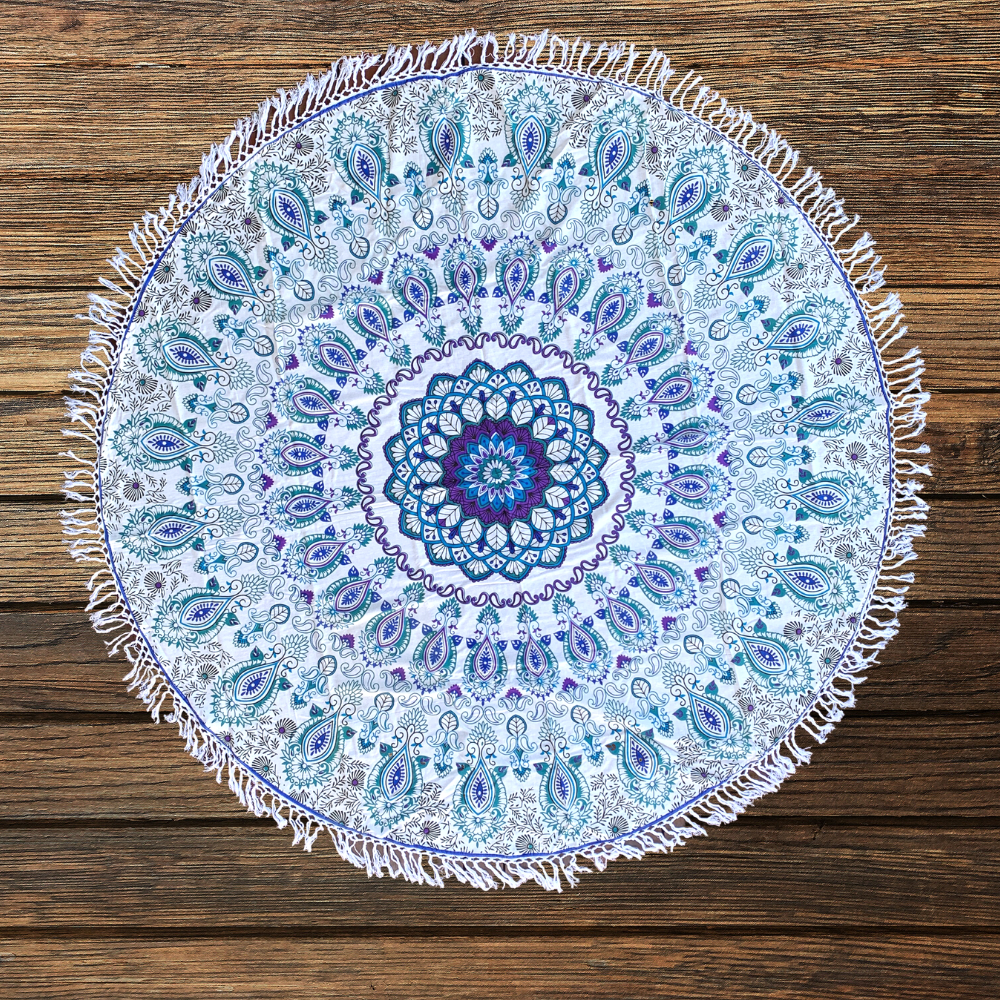 Beautiful  Blue Paisley Cotton Mandala Beach Round Throw - Adore India