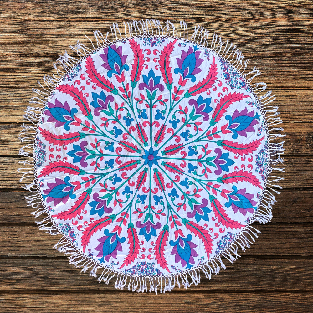 Multi Lotus Floral Cotton Mandala Beach Round Throw - Adore India